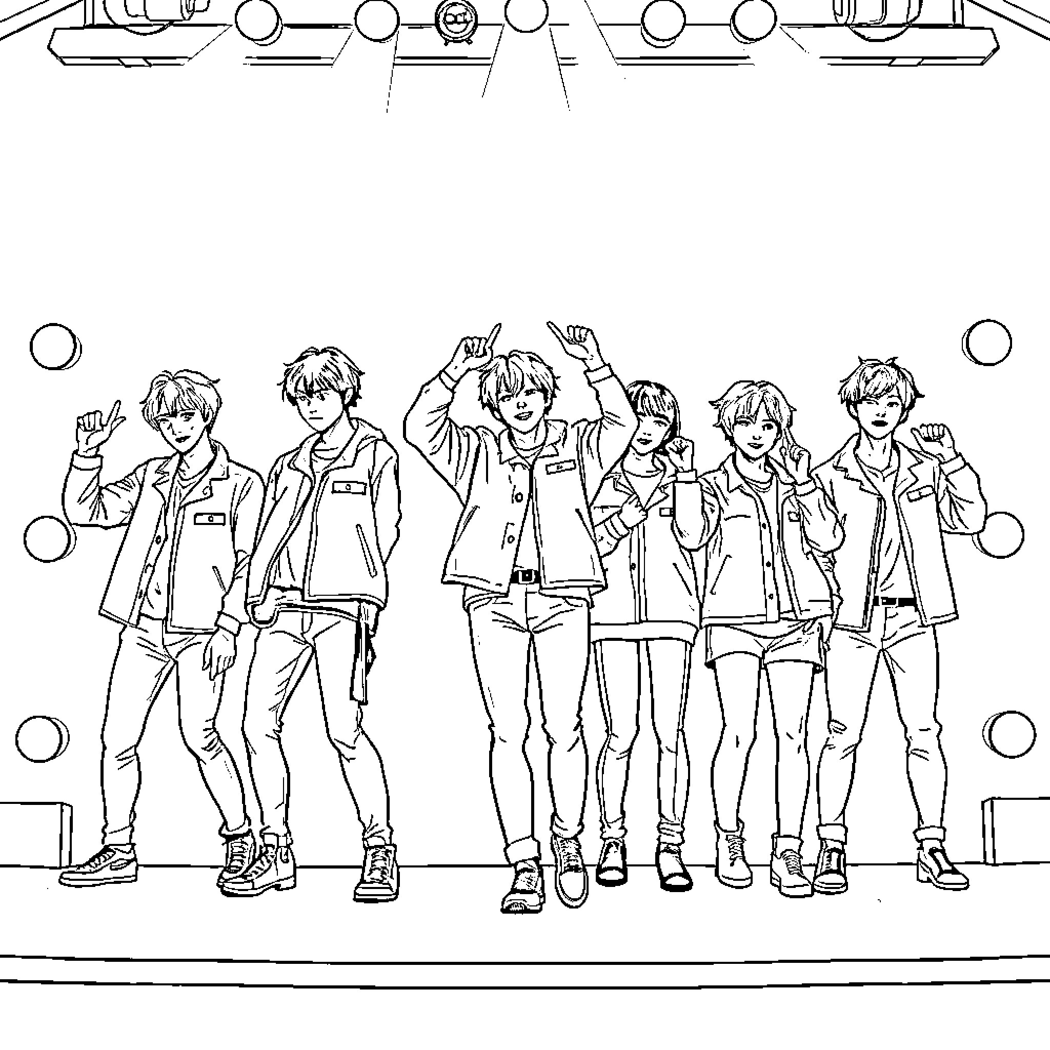Stray Kids performing on stage with energetic expressions Coloring Page (free black-and-white line drawing printable PDF for all, from beginners to advanced learners, including children, teens, adults, and seniors)