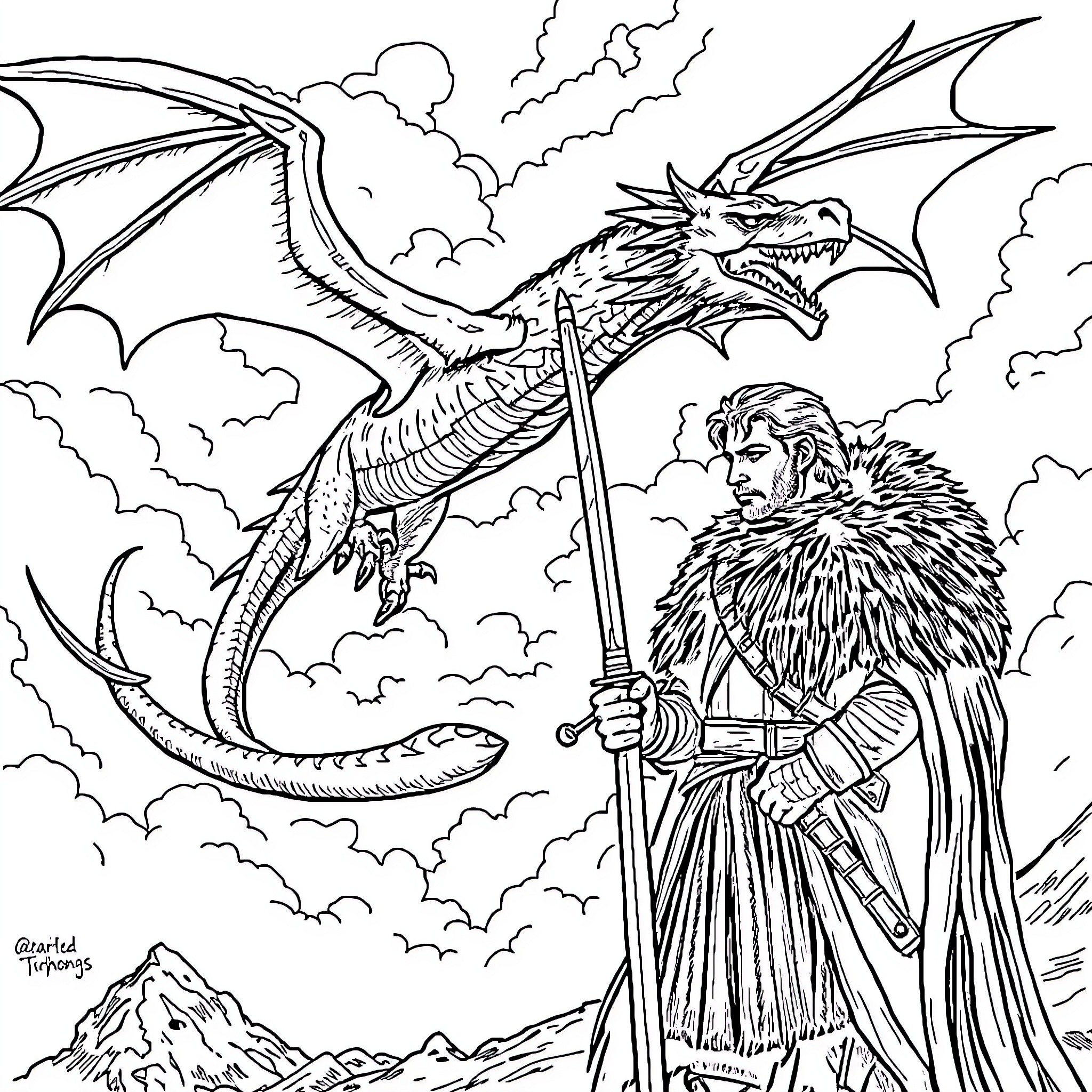 Dragon Warrior in Fierce Battle against Fearsome Dragon Coloring Page (free black-and-white line drawing printable PDF for all, from beginners to advanced learners, including children, teens, adults, and seniors)