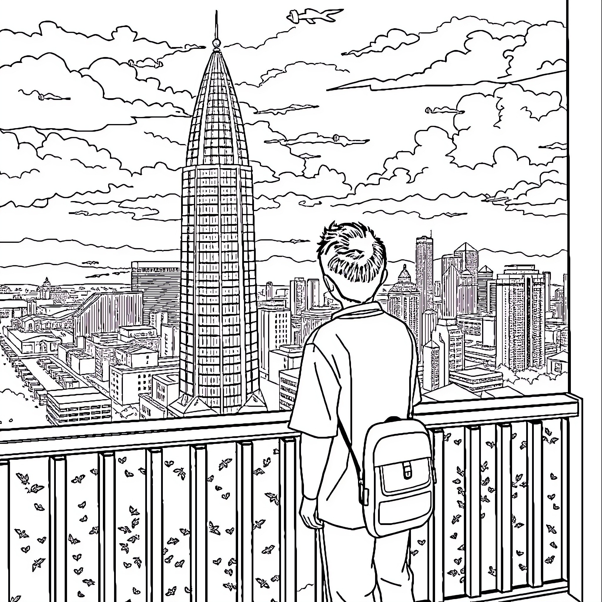 Youth overlooking the bustling city skyline Coloring Page (free black-and-white line drawing printable PDF for all, from beginners to advanced learners, including children, teens, adults, and seniors)