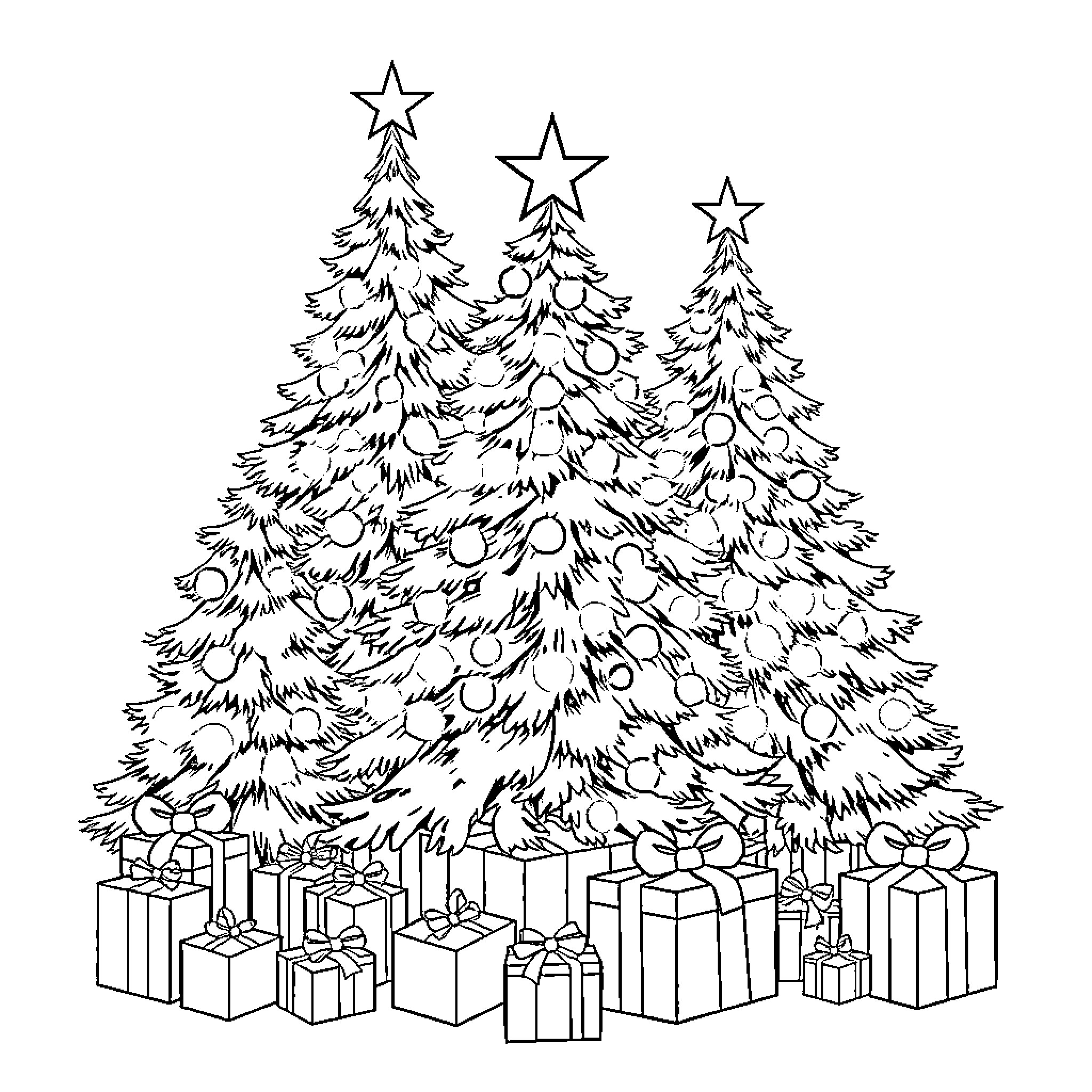 Christmas Tree with Gifts and Stars Coloring Page (free black-and-white line drawing printable PDF for all, from beginners to advanced learners, including children, teens, adults, and seniors)