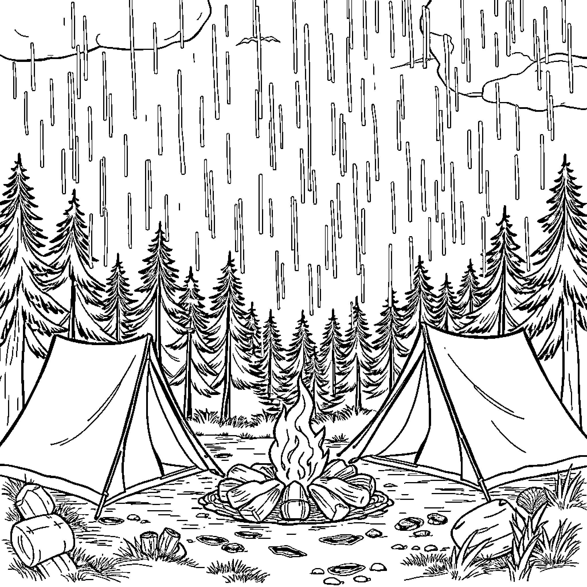Campsite in rainy forest scene Coloring Page (free black-and-white line drawing printable PDF for all, from beginners to advanced learners, including children, teens, adults, and seniors)