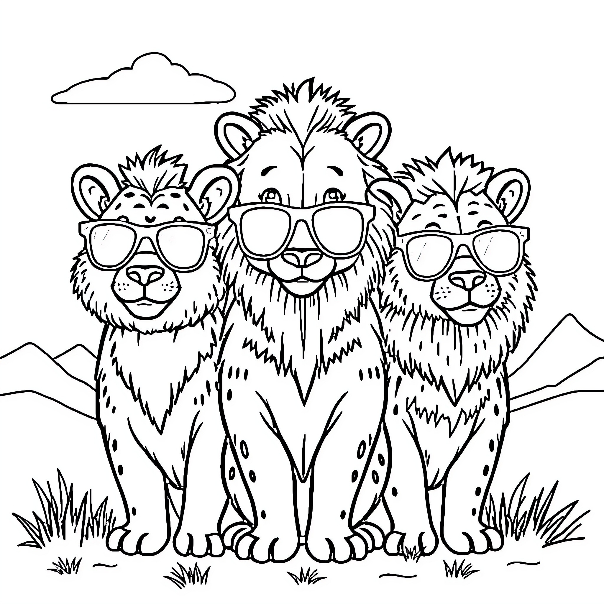 Animal trio of bears wearing sunglasses in nature Coloring Page (free black-and-white line drawing printable PDF for all, from beginners to advanced learners, including children, teens, adults, and seniors)