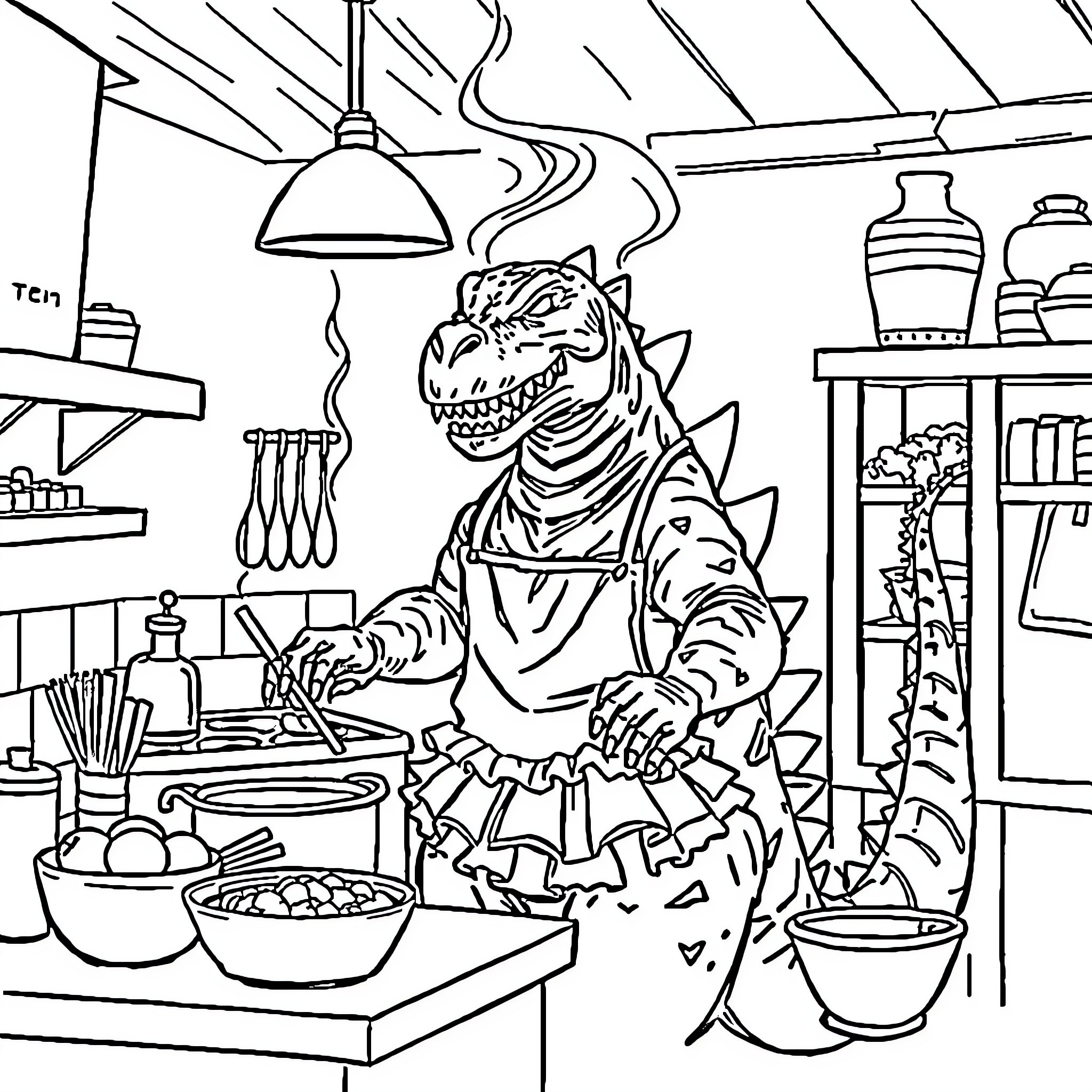 Godzilla cooking in a busy kitchen Coloring Page (free black-and-white line drawing printable PDF for all, from beginners to advanced learners, including children, teens, adults, and seniors)