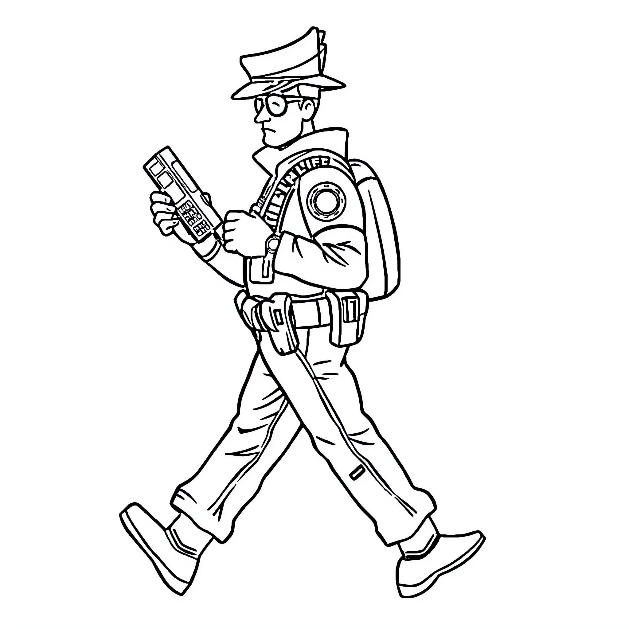 Policía realizando patrullaje con equipo de seguridad Coloring Page (free black-and-white line drawing printable PDF for all, from beginners to advanced learners, including children, teens, adults, and seniors)