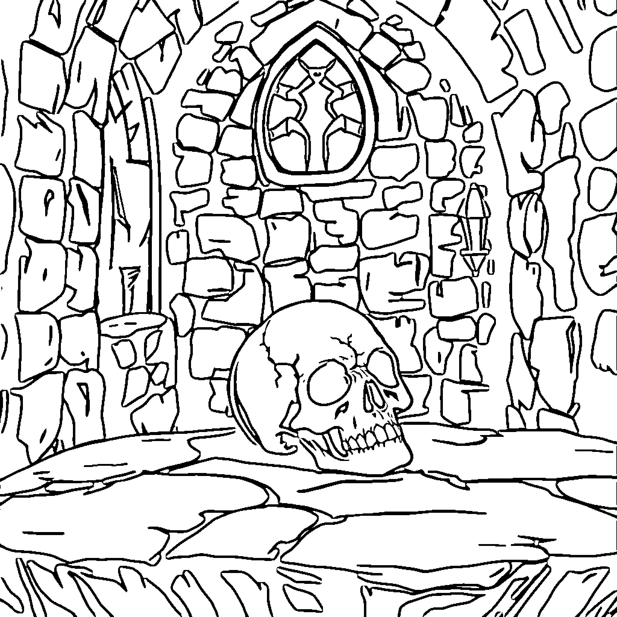 Skull in a Haunted Castle Coloring Page (free black-and-white line drawing printable PDF for all, from beginners to advanced learners, including children, teens, adults, and seniors)
