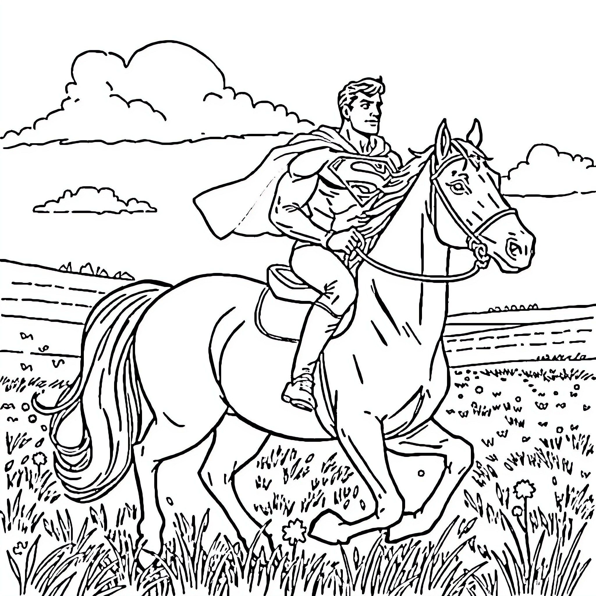 Superman riding heroically on a horse through the countryside Coloring Page (free black-and-white line drawing printable PDF for all, from beginners to advanced learners, including children, teens, adults, and seniors)