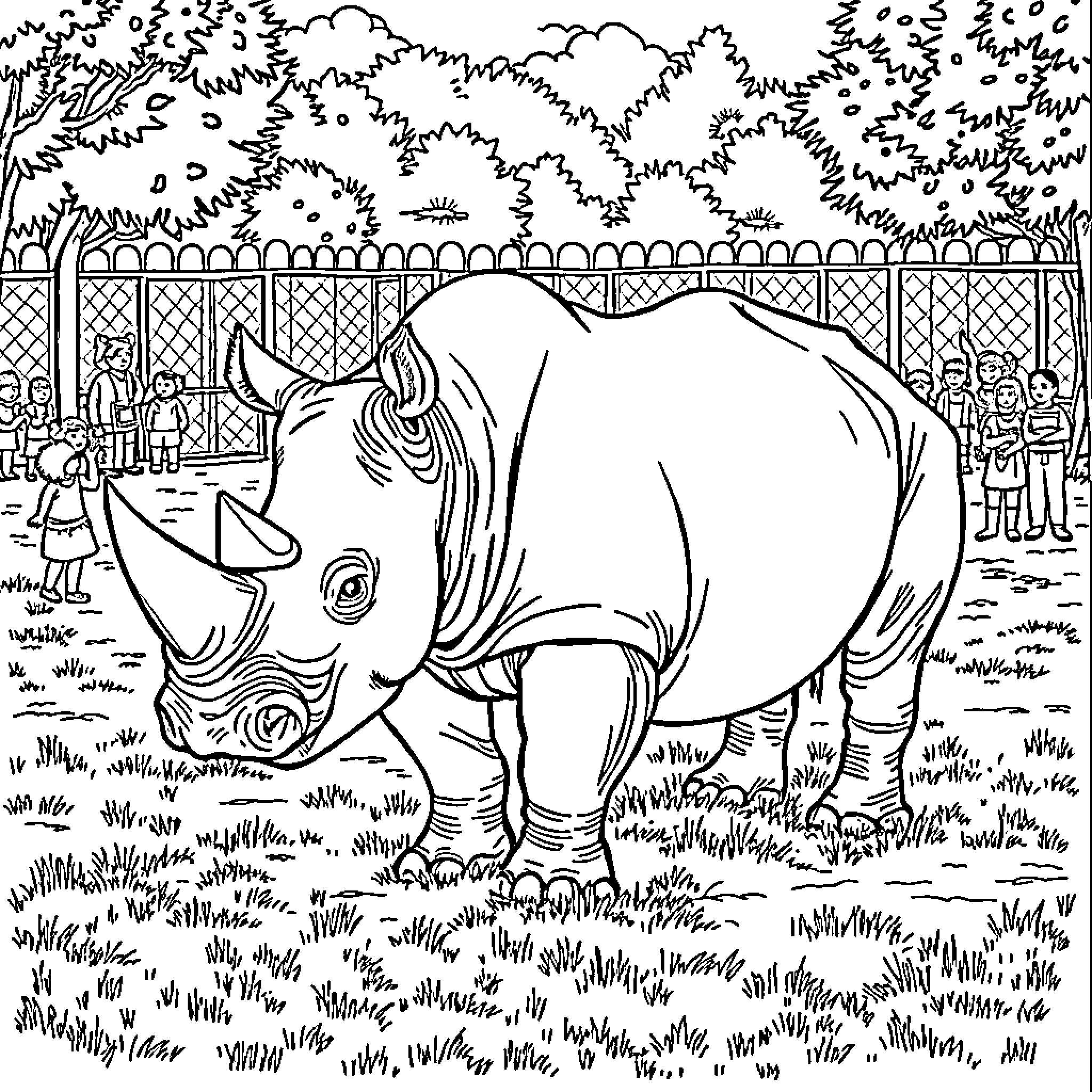 Rhinoceros grazing peacefully in an enclosure Coloring Page (free black-and-white line drawing printable PDF for all, from beginners to advanced learners, including children, teens, adults, and seniors)