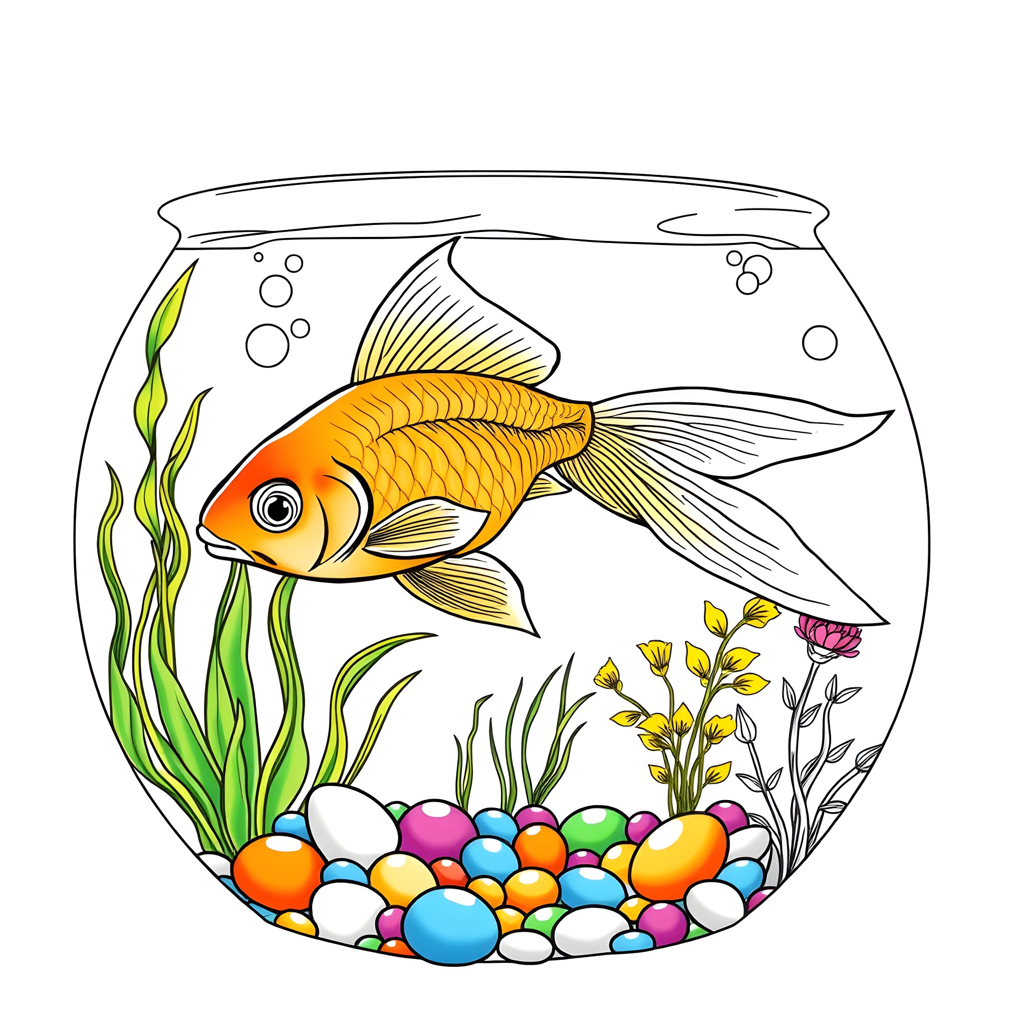 Goldfish swimming in a colorful aquarium Coloring Page (free black-and-white line drawing printable PDF for all, from beginners to advanced learners, including children, teens, adults, and seniors)