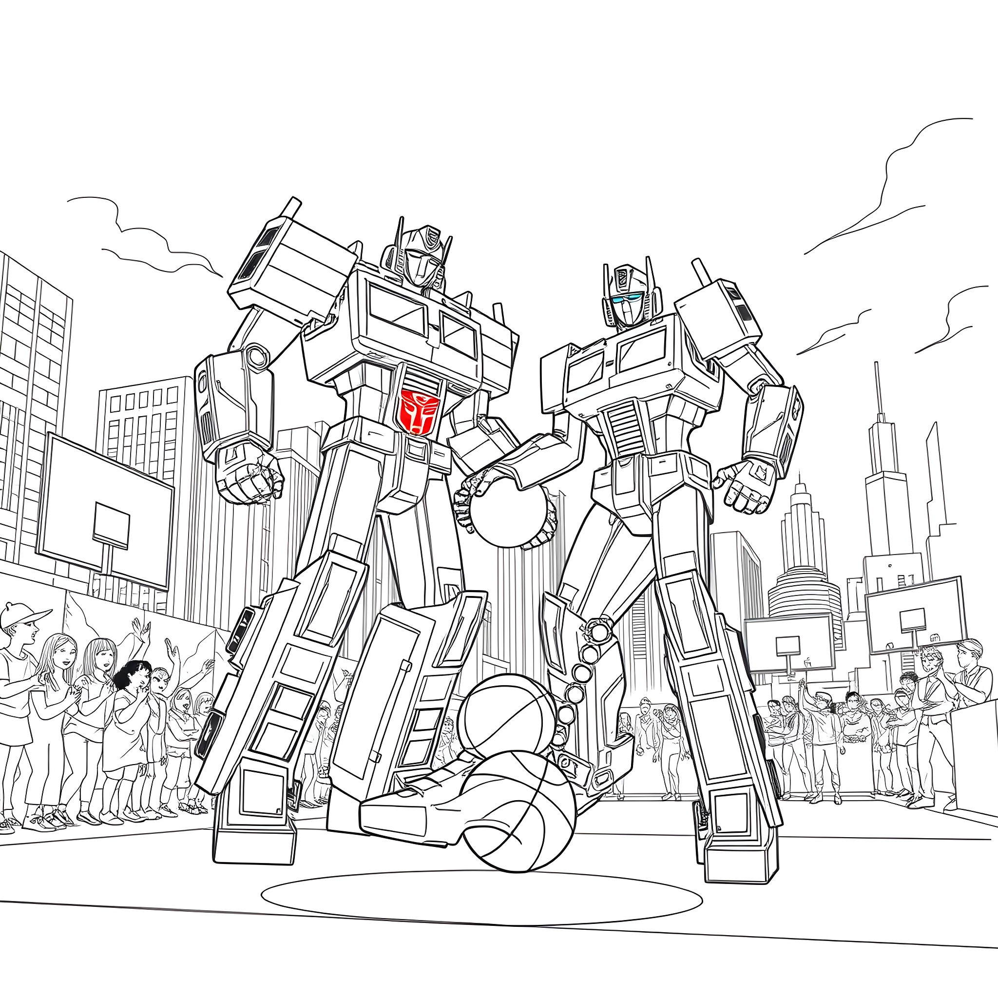 Transformer heroes in an urban environment Coloring Page (free black-and-white line drawing printable PDF for all, from beginners to advanced learners, including children, teens, adults, and seniors)