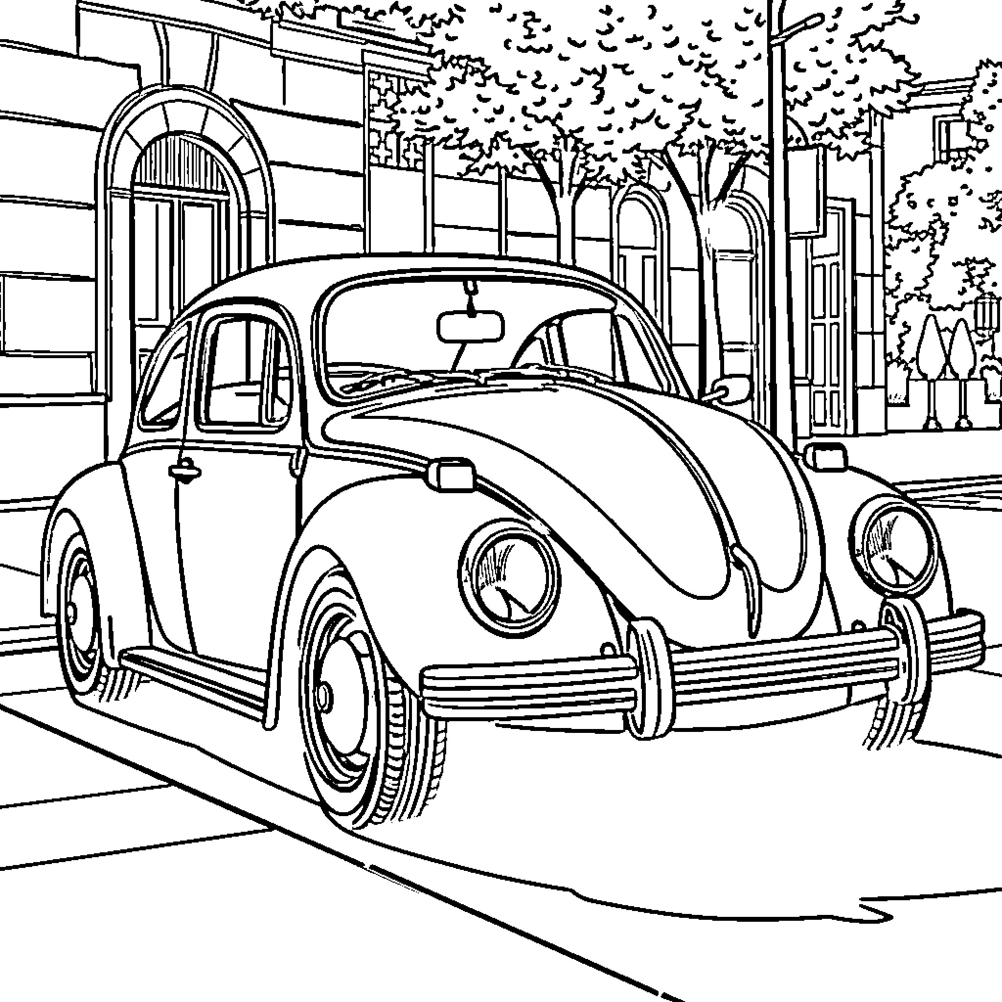 Beetle parked on city street with trees Coloring Page (free black-and-white line drawing printable PDF for all, from beginners to advanced learners, including children, teens, adults, and seniors)