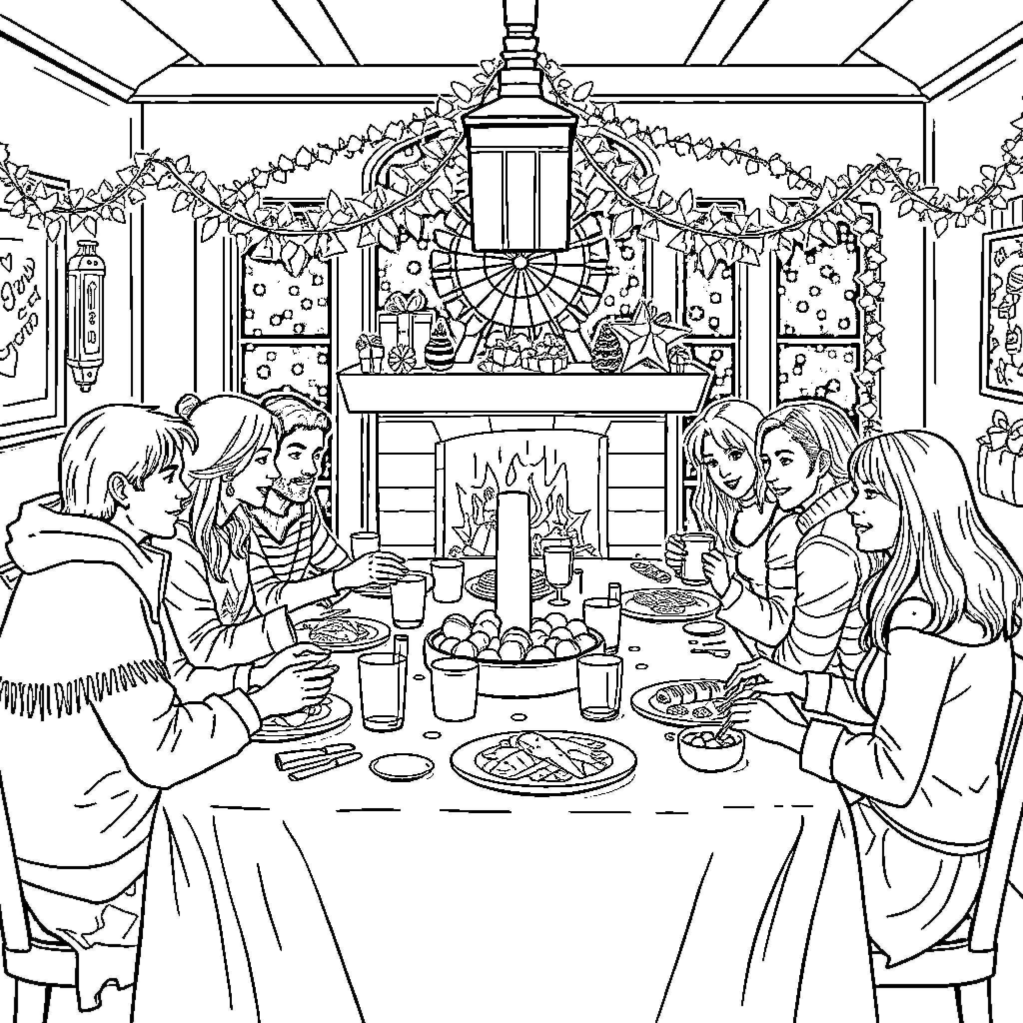 ACOTAR: Festive Gathering Around the Fireplace Coloring Page (free black-and-white line drawing printable PDF for all, from beginners to advanced learners, including children, teens, adults, and seniors)