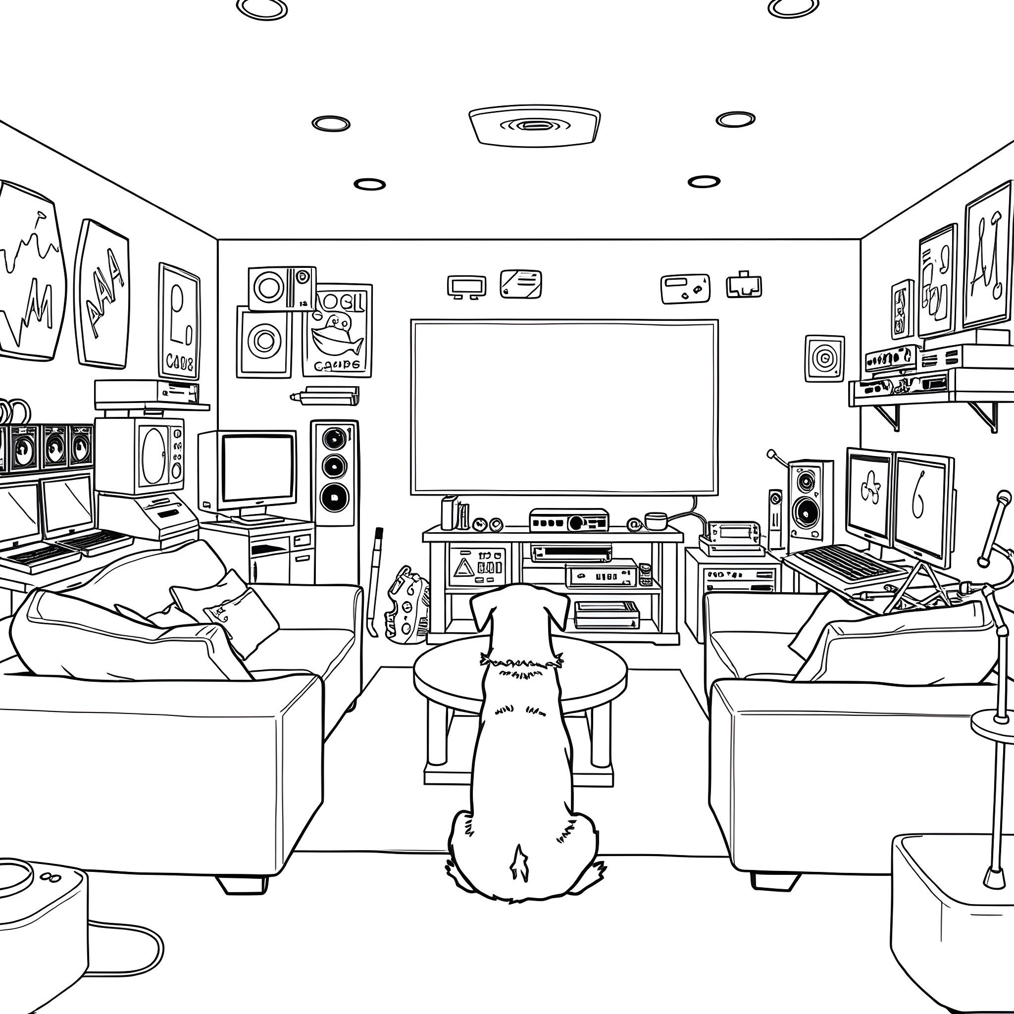 Dog enjoying entertainment in a cozy home setup Coloring Page (free black-and-white line drawing printable PDF for all, from beginners to advanced learners, including children, teens, adults, and seniors)