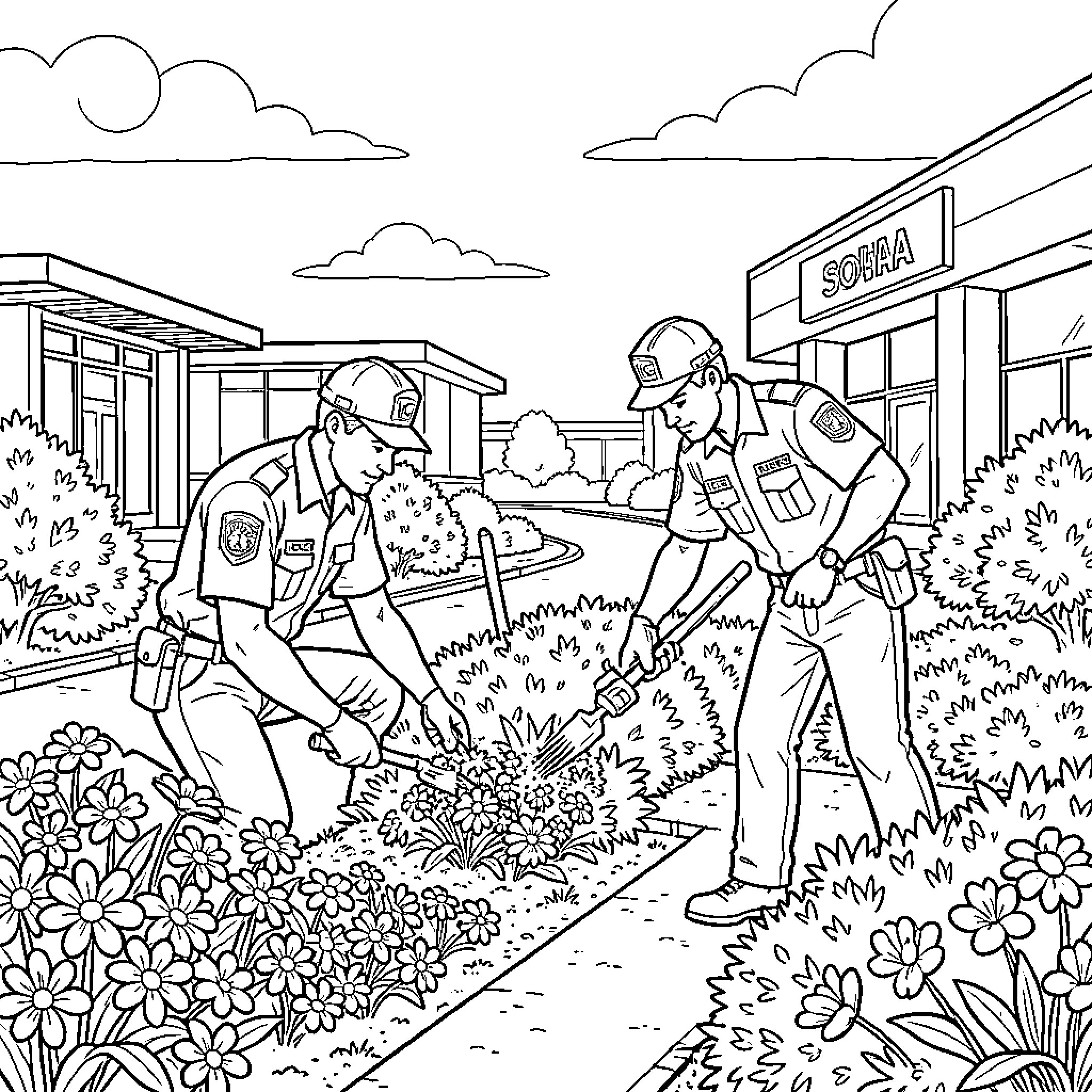Ice Agent Agents Performing Routine Inspection Outdoors Coloring Page (free black-and-white line drawing printable PDF for all, from beginners to advanced learners, including children, teens, adults, and seniors)