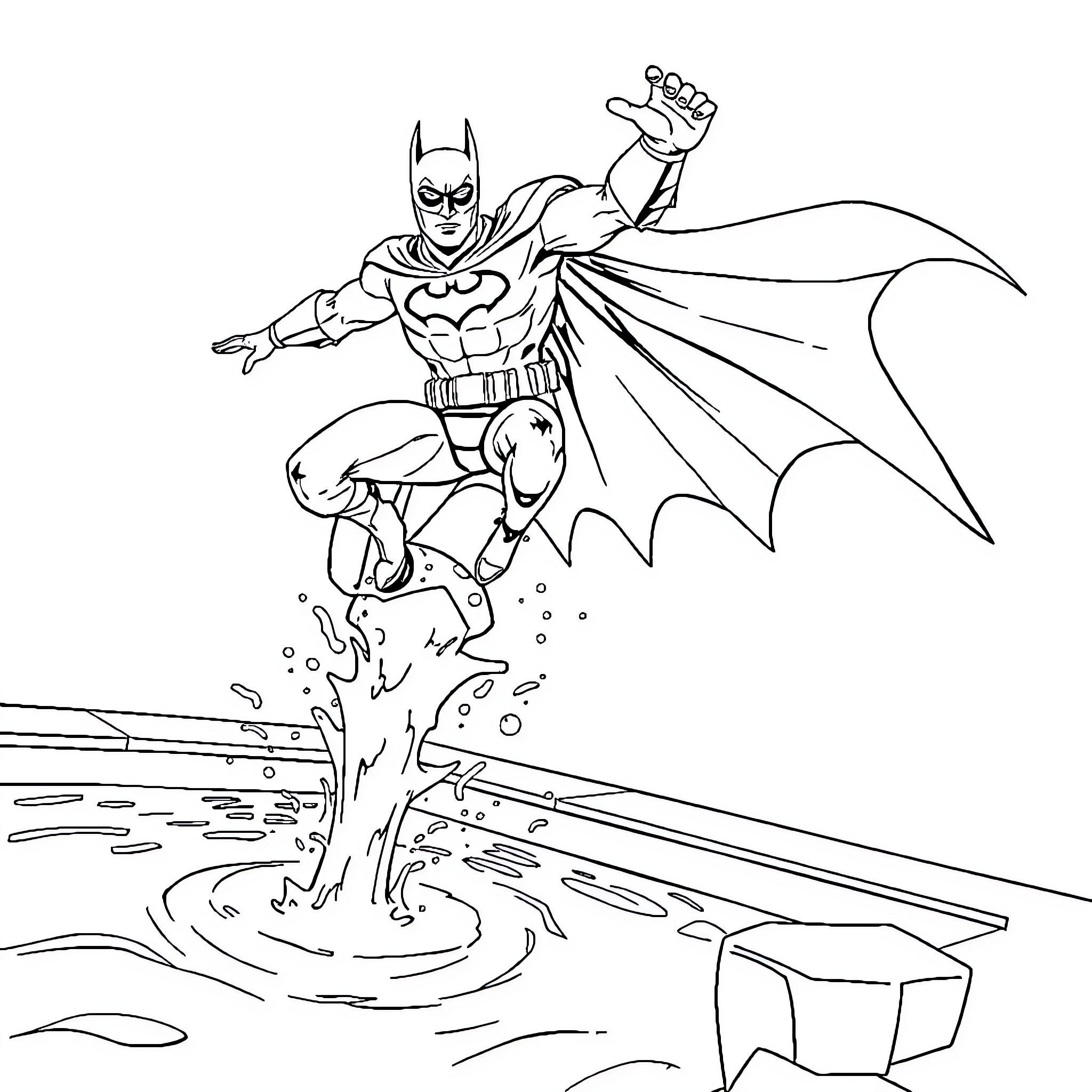 Batman leaping into action with determination Coloring Page (free black-and-white line drawing printable PDF for all, from beginners to advanced learners, including children, teens, adults, and seniors)