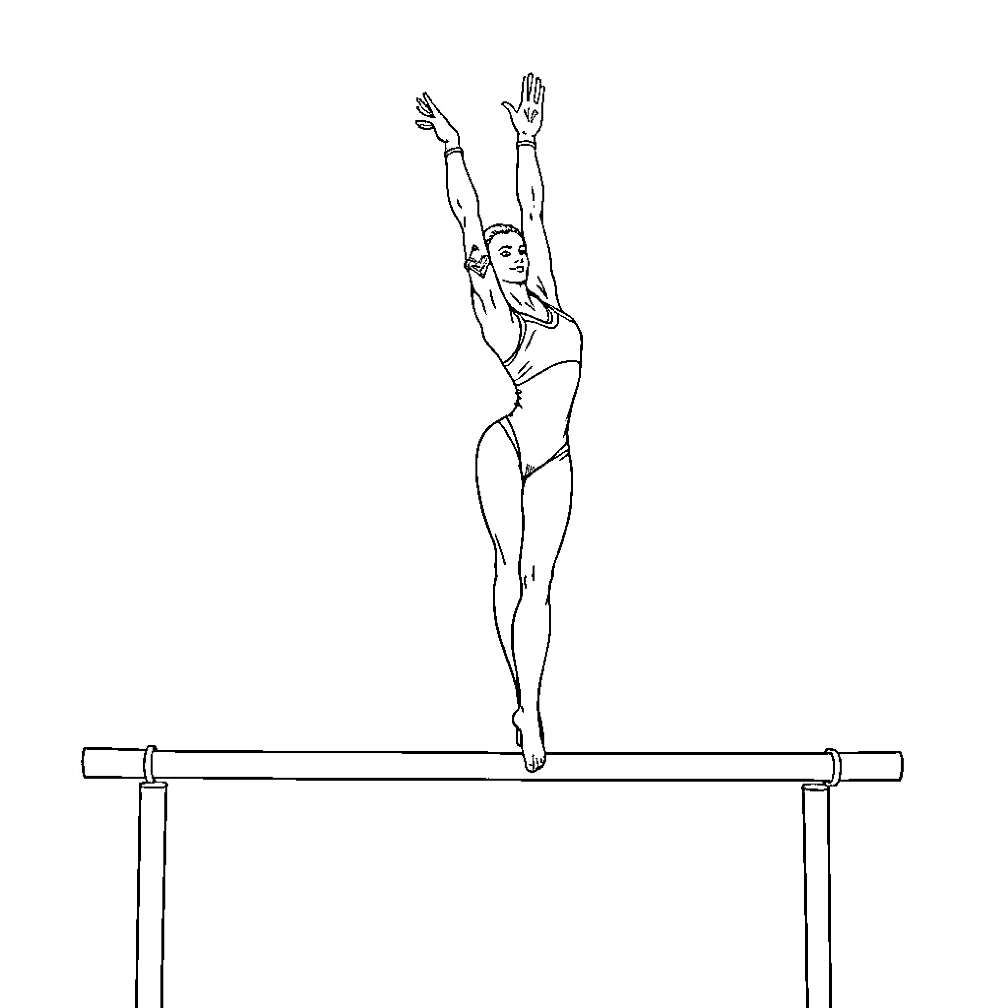 Gymnast performing balance beam routine Coloring Page (free black-and-white line drawing printable PDF for all, from beginners to advanced learners, including children, teens, adults, and seniors)