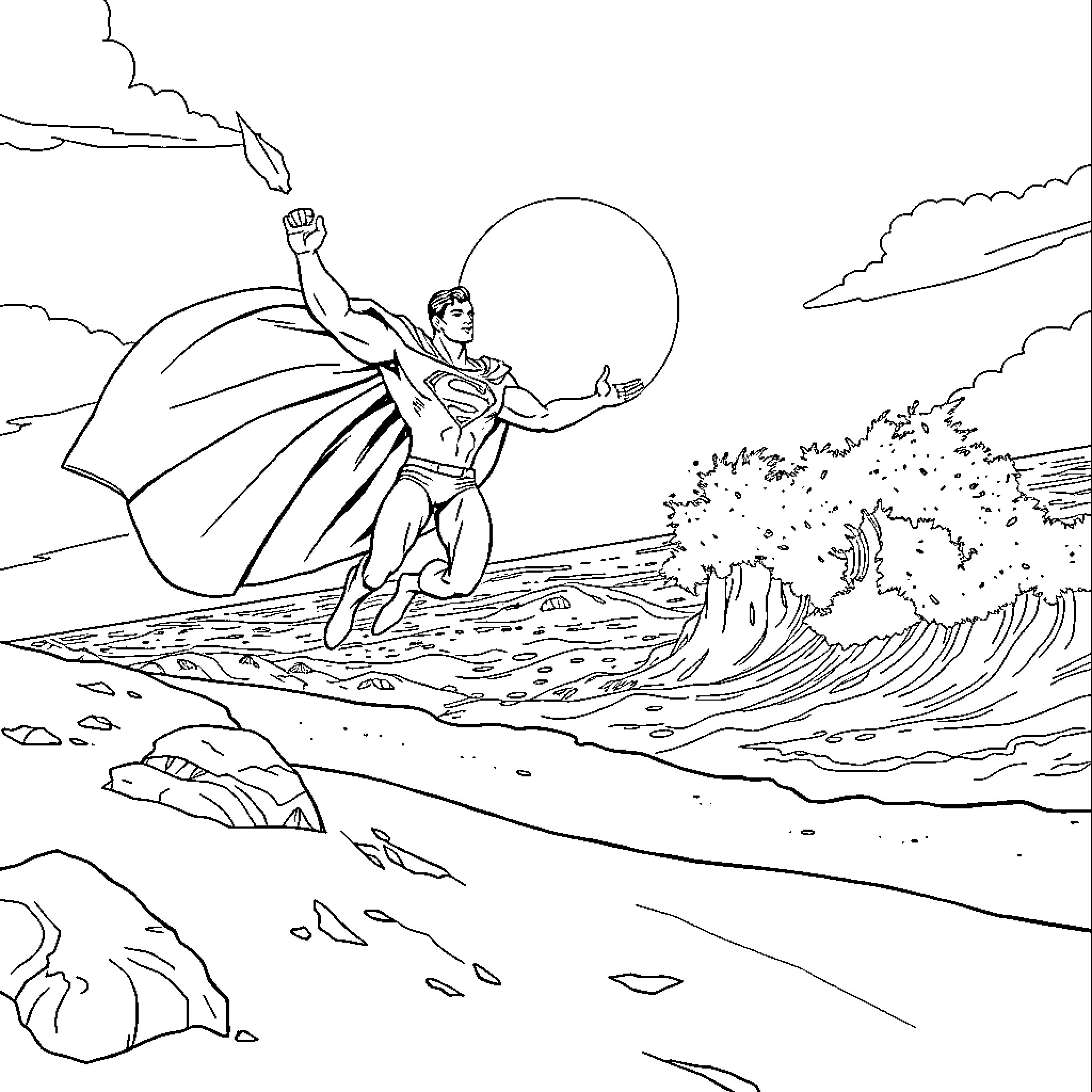Superman soaring through the sky over a dramatic ocean scene Coloring Page (free black-and-white line drawing printable PDF for all, from beginners to advanced learners, including children, teens, adults, and seniors)