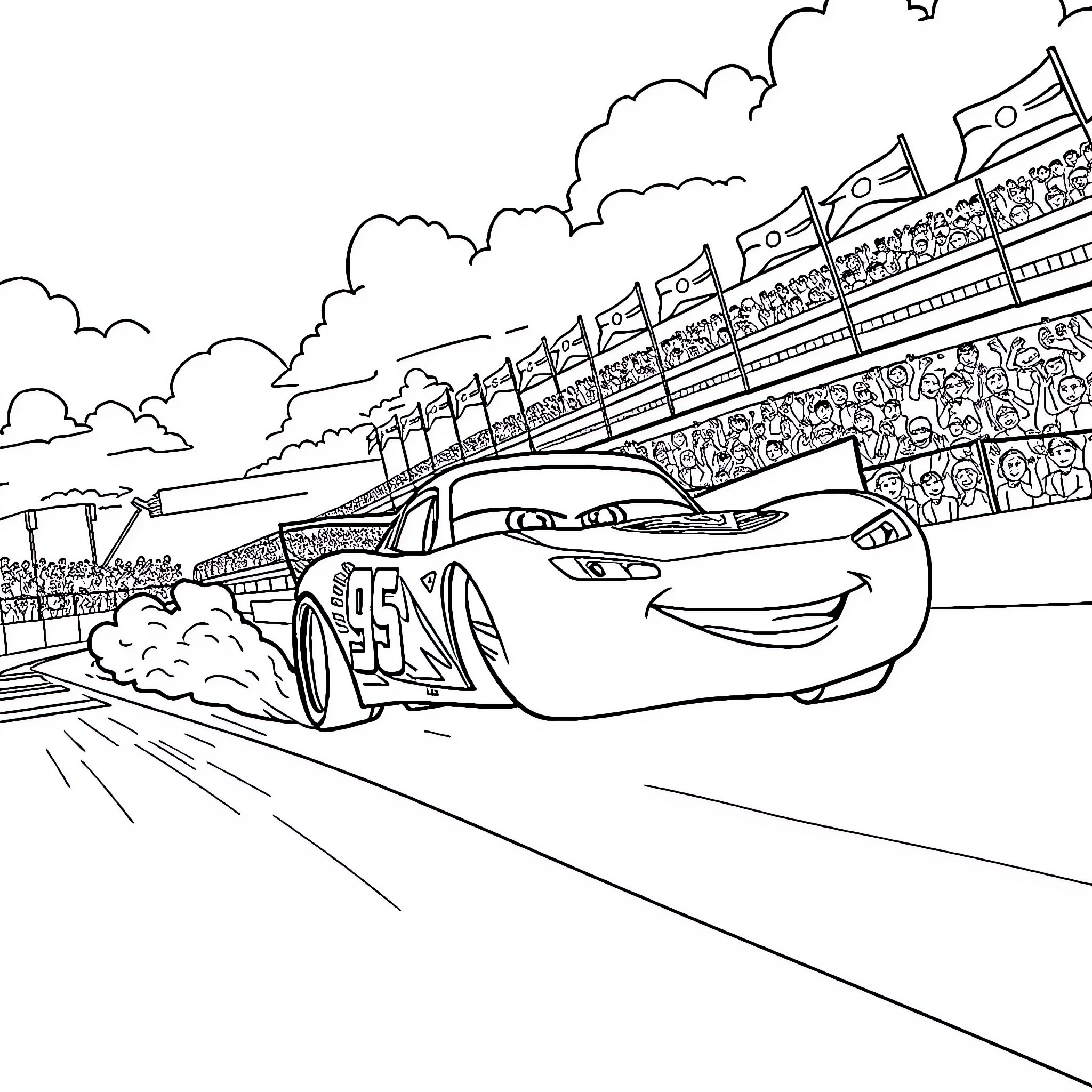 McQueen Racing on the Track with Fans Coloring Page (free black-and-white line drawing printable PDF for all, from beginners to advanced learners, including children, teens, adults, and seniors)