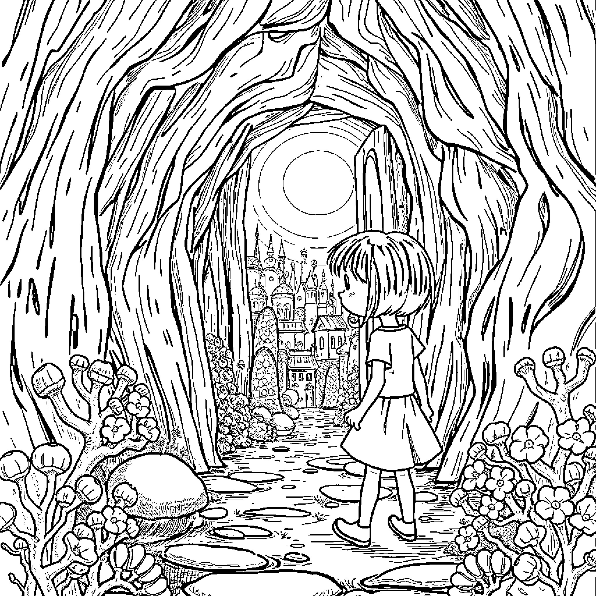 Coraline exploring a fantastical, whimsical world Coloring Page (free black-and-white line drawing printable PDF for all, from beginners to advanced learners, including children, teens, adults, and seniors)