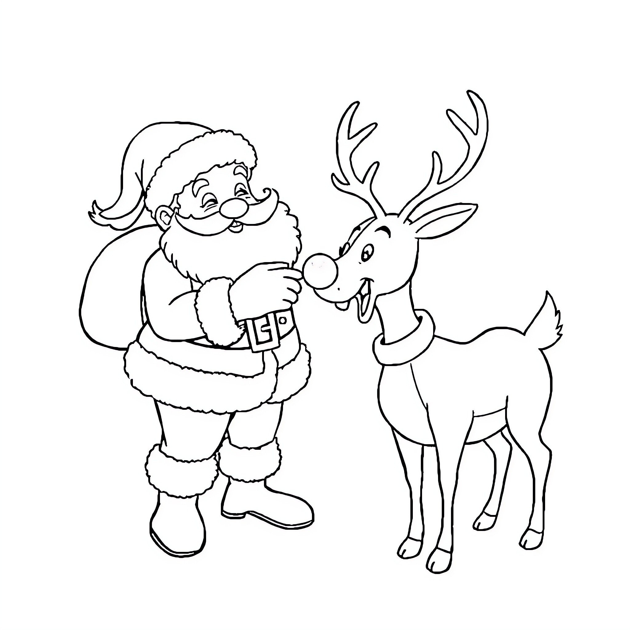 Santa with Jolly Reindeer Coloring Page (free black-and-white line drawing printable PDF for all, from beginners to advanced learners, including children, teens, adults, and seniors)