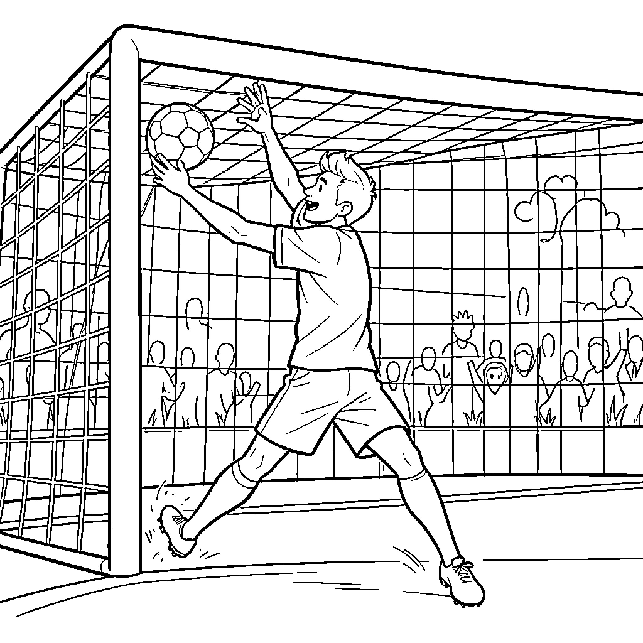 Desire Doué goalkeeper jumping to catch a soccer ball Coloring Page (free black-and-white line drawing printable PDF for all, from beginners to advanced learners, including children, teens, adults, and seniors)