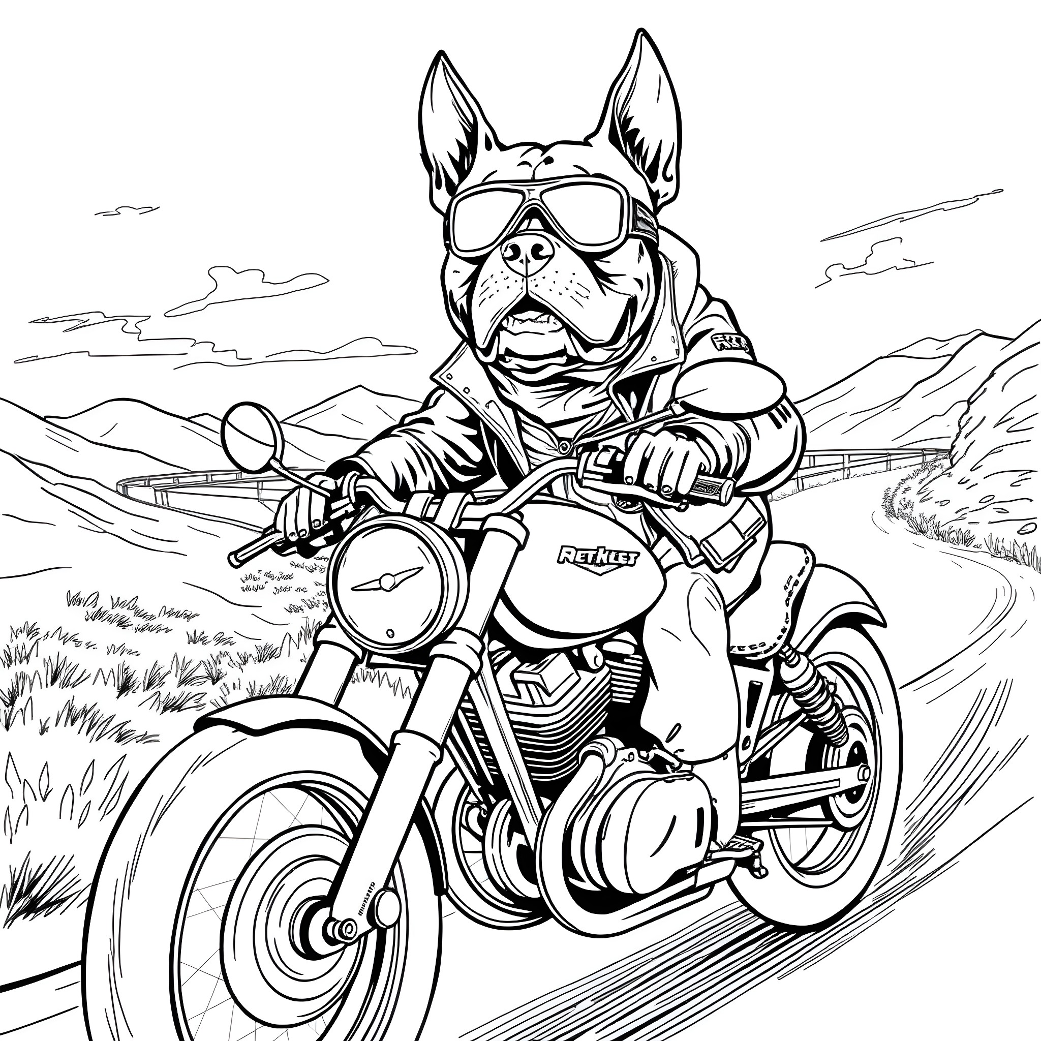 Pitbull Riding Motorcycle Through Rural Landscape Coloring Page (free black-and-white line drawing printable PDF for all, from beginners to advanced learners, including children, teens, adults, and seniors)
