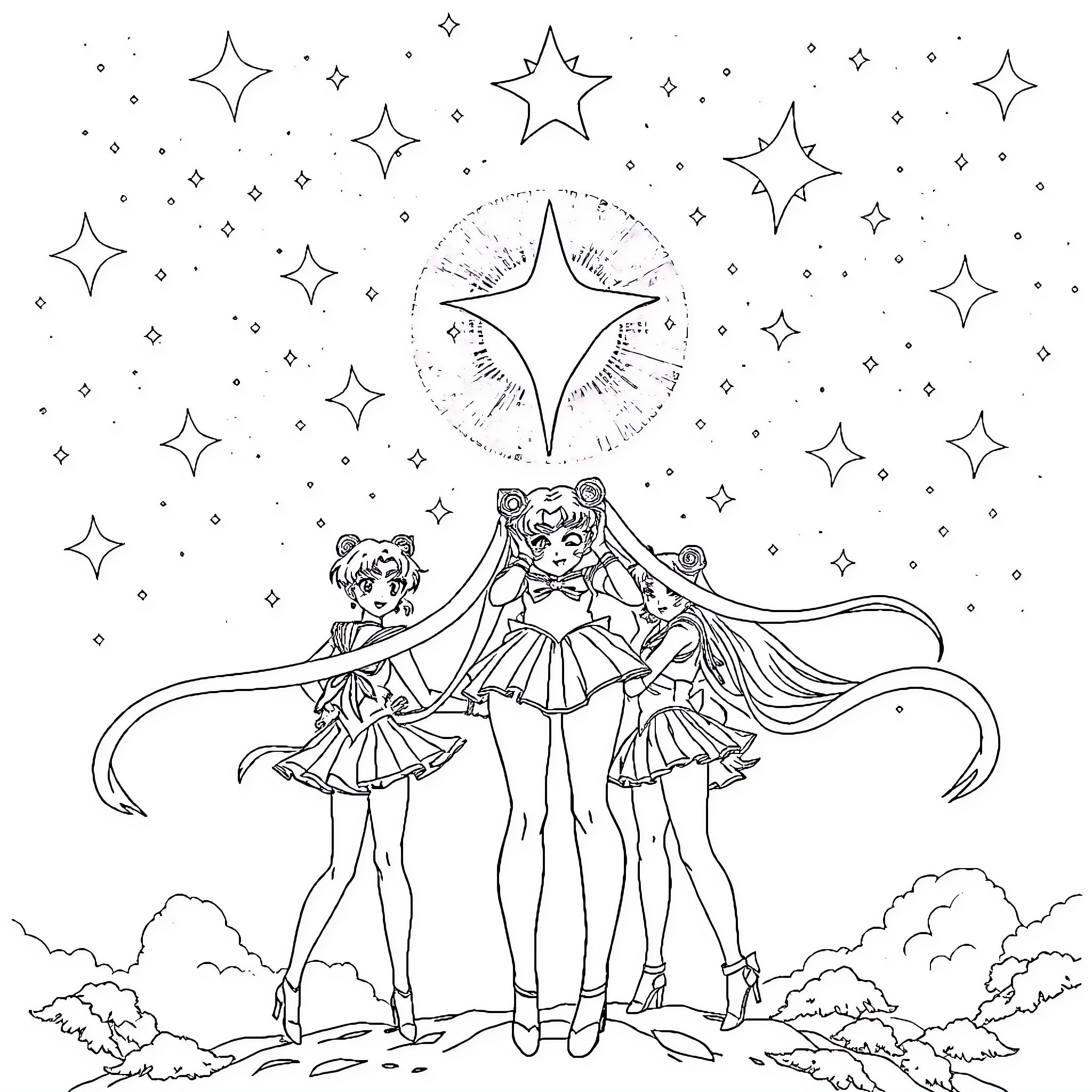 Sailormoon characters in magical night sky Coloring Page (free black-and-white line drawing printable PDF for all, from beginners to advanced learners, including children, teens, adults, and seniors)