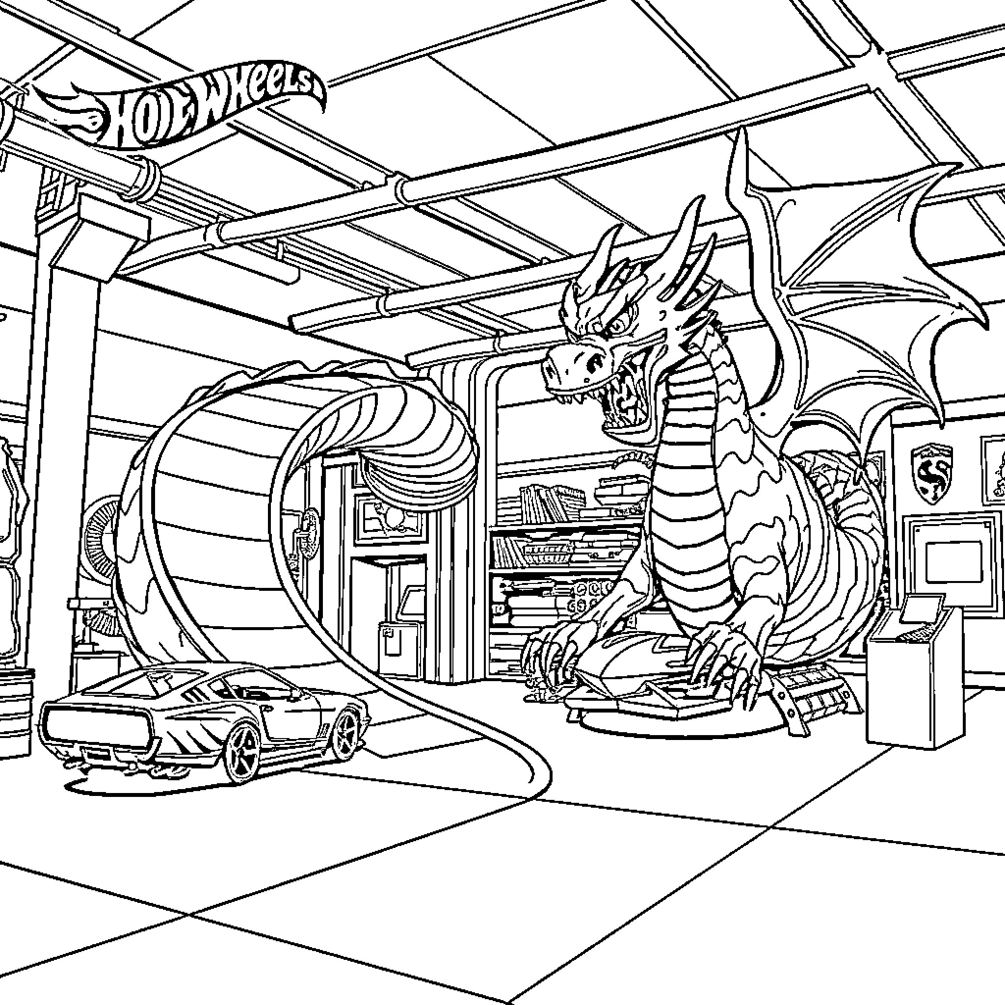 Hot Wheels dragon toy car showroom display Coloring Page (free black-and-white line drawing printable PDF for all, from beginners to advanced learners, including children, teens, adults, and seniors)