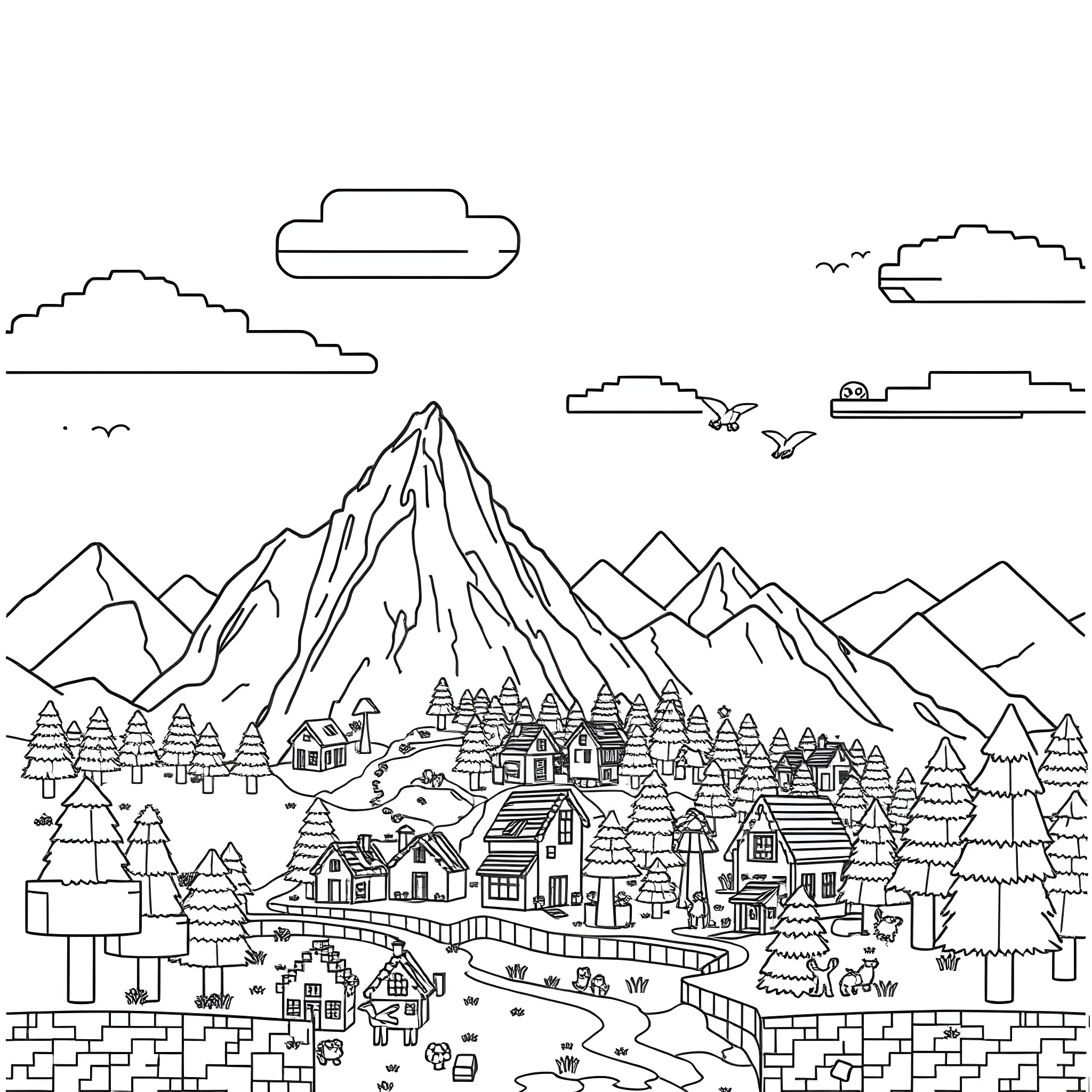 Minecraft town nestled among mountains and forests Coloring Page (free black-and-white line drawing printable PDF for all, from beginners to advanced learners, including children, teens, adults, and seniors)