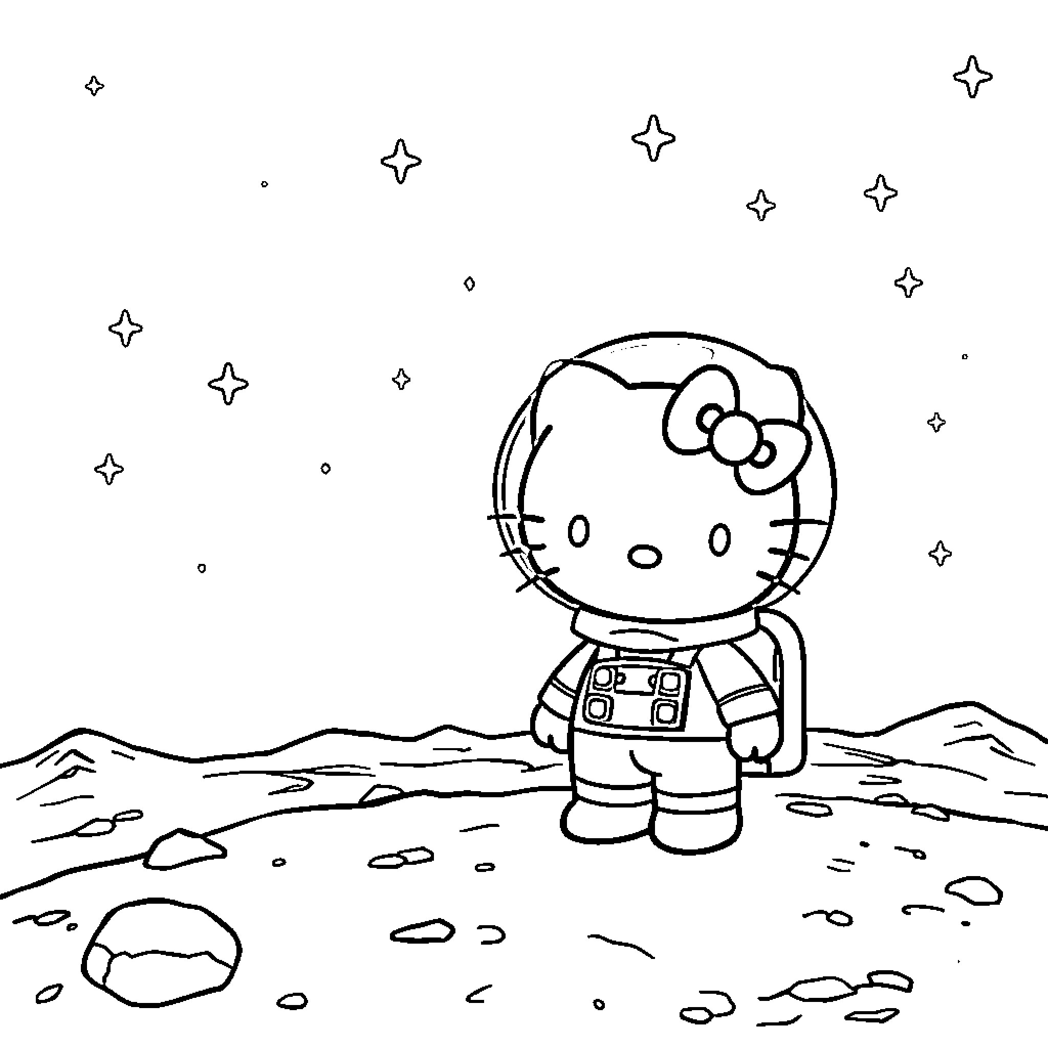 Hello Kitty exploring outer space Coloring Page (free black-and-white line drawing printable PDF for all, from beginners to advanced learners, including children, teens, adults, and seniors)