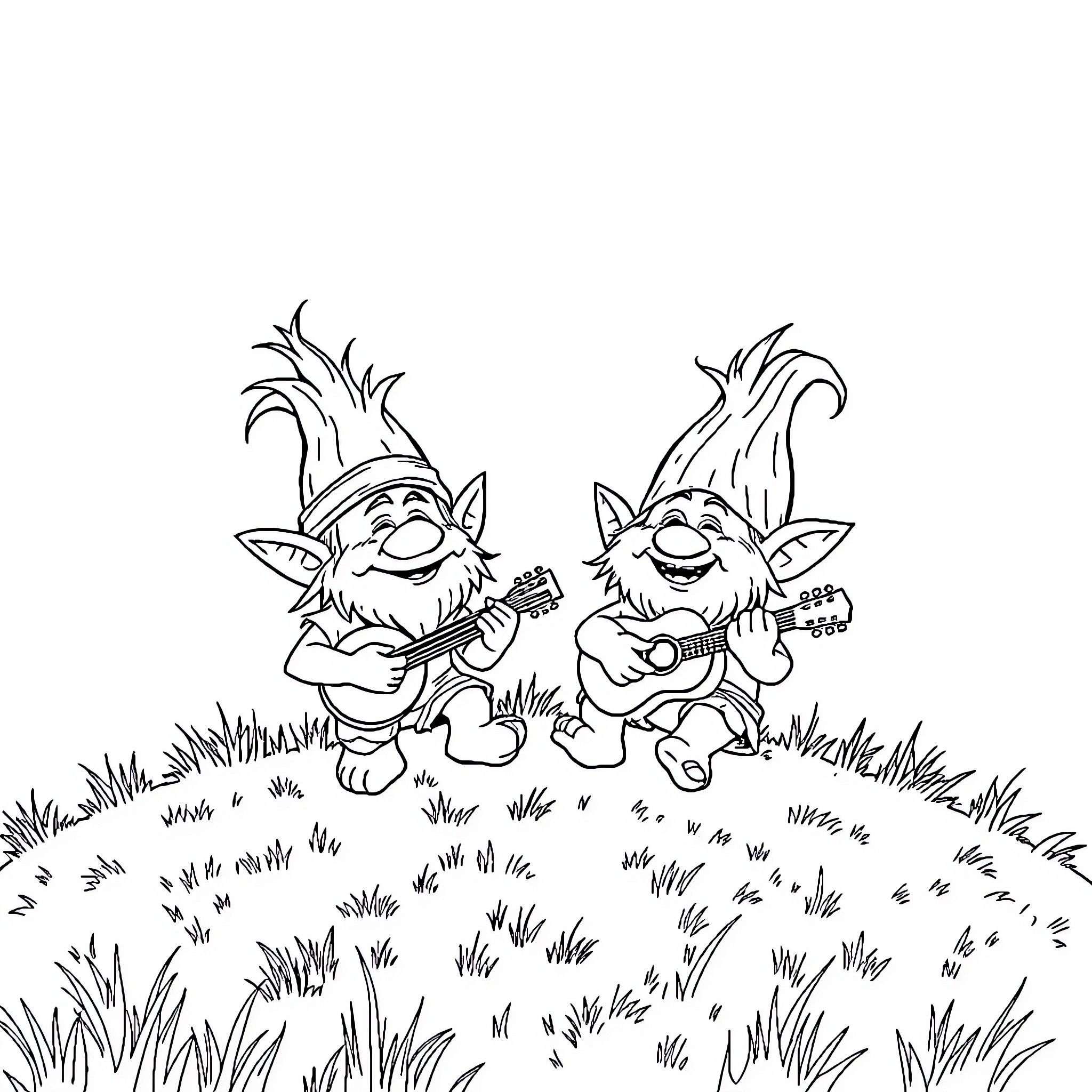 Troll musicians performing outdoors in a grassy field Coloring Page (free black-and-white line drawing printable PDF for all, from beginners to advanced learners, including children, teens, adults, and seniors)