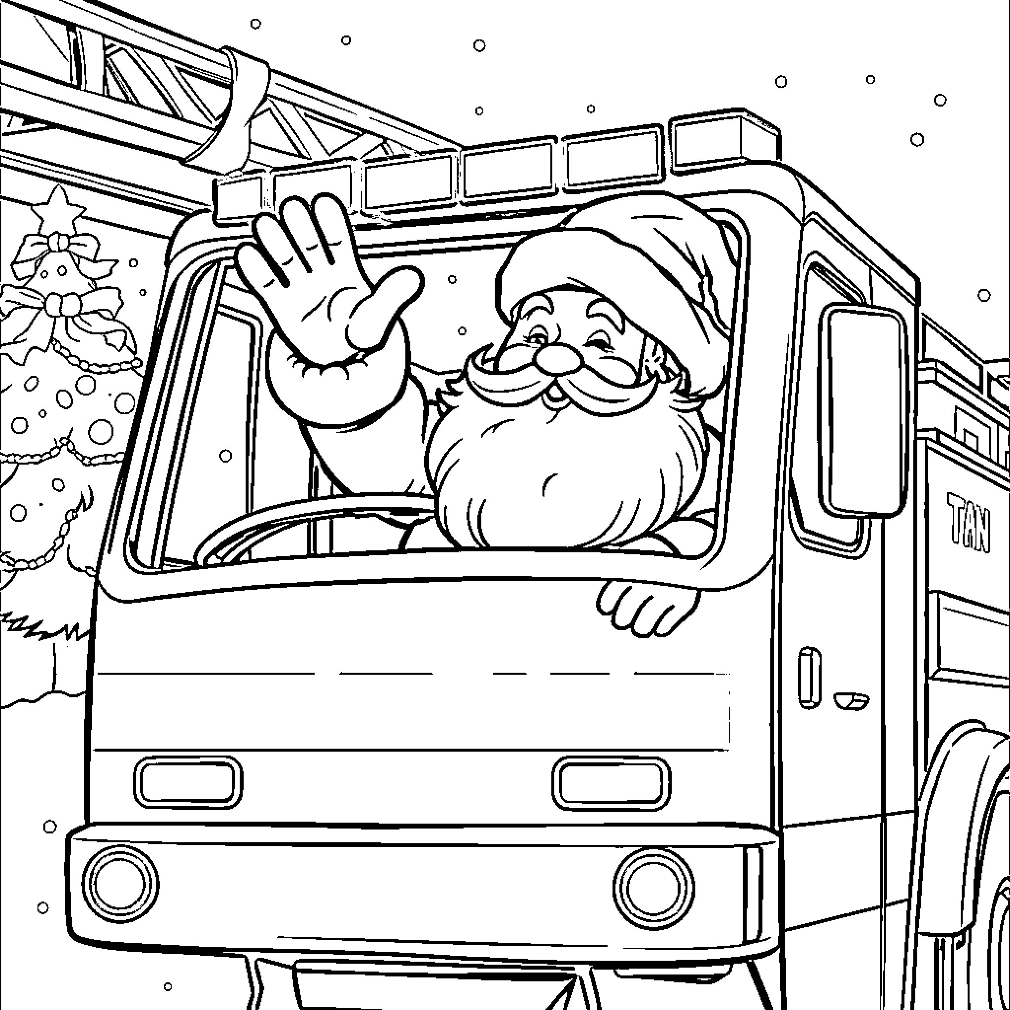 Santa driving snow vehicle with festive decorations Coloring Page (free black-and-white line drawing printable PDF for all, from beginners to advanced learners, including children, teens, adults, and seniors)