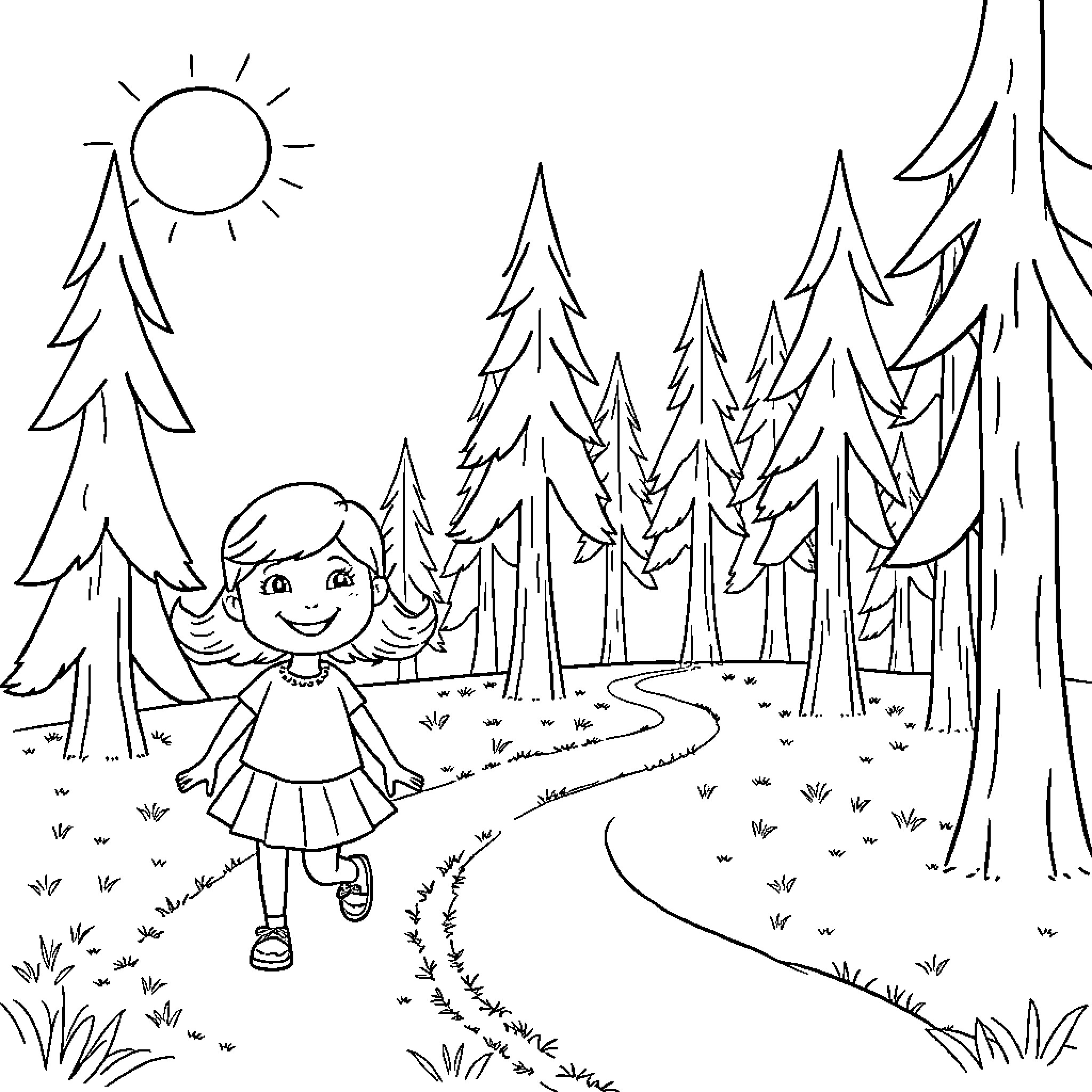 Girl exploring the enchanted forest Coloring Page (free black-and-white line drawing printable PDF for all, from beginners to advanced learners, including children, teens, adults, and seniors)