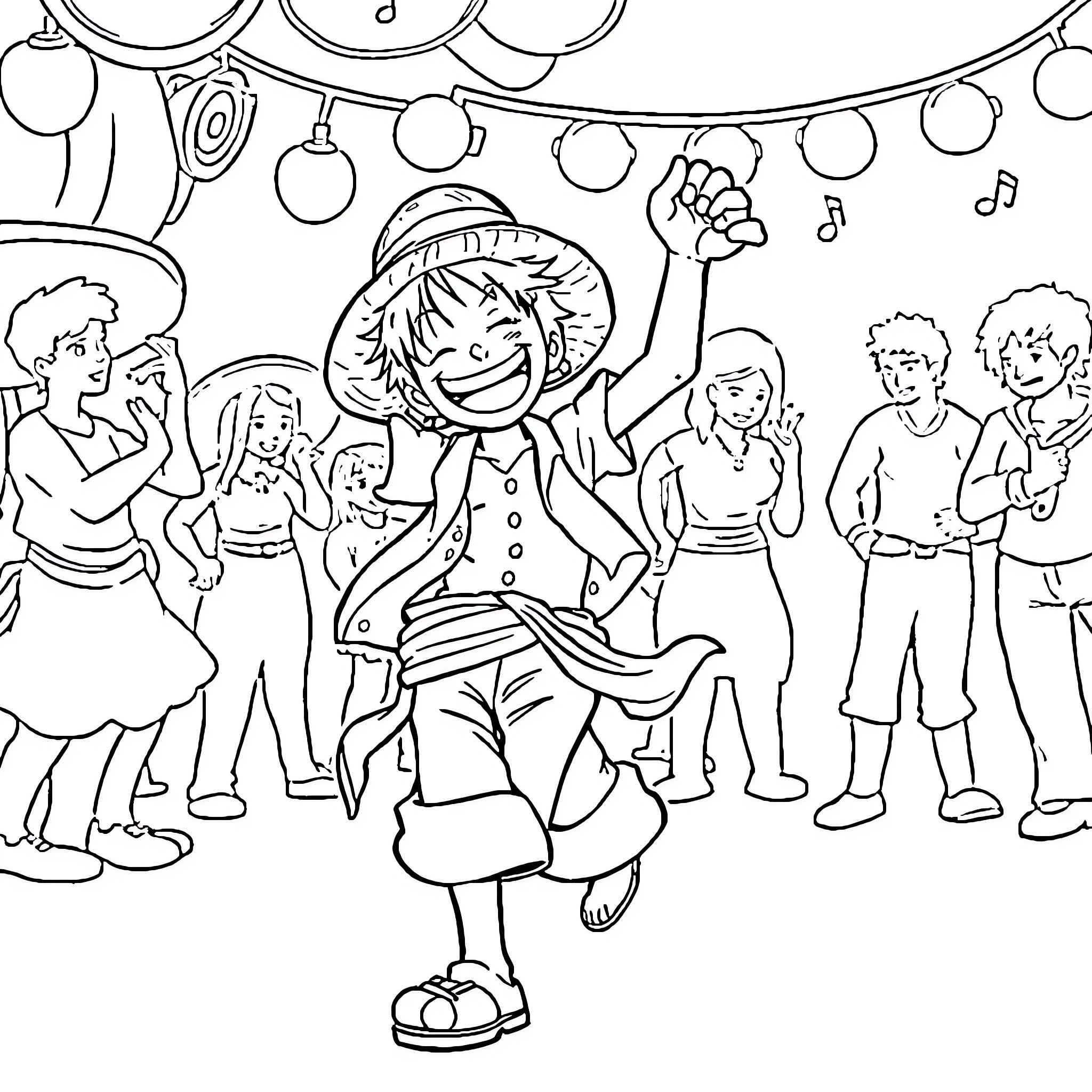 Luffy Celebrates with Friends at a Party Coloring Page (free black-and-white line drawing printable PDF for all, from beginners to advanced learners, including children, teens, adults, and seniors)