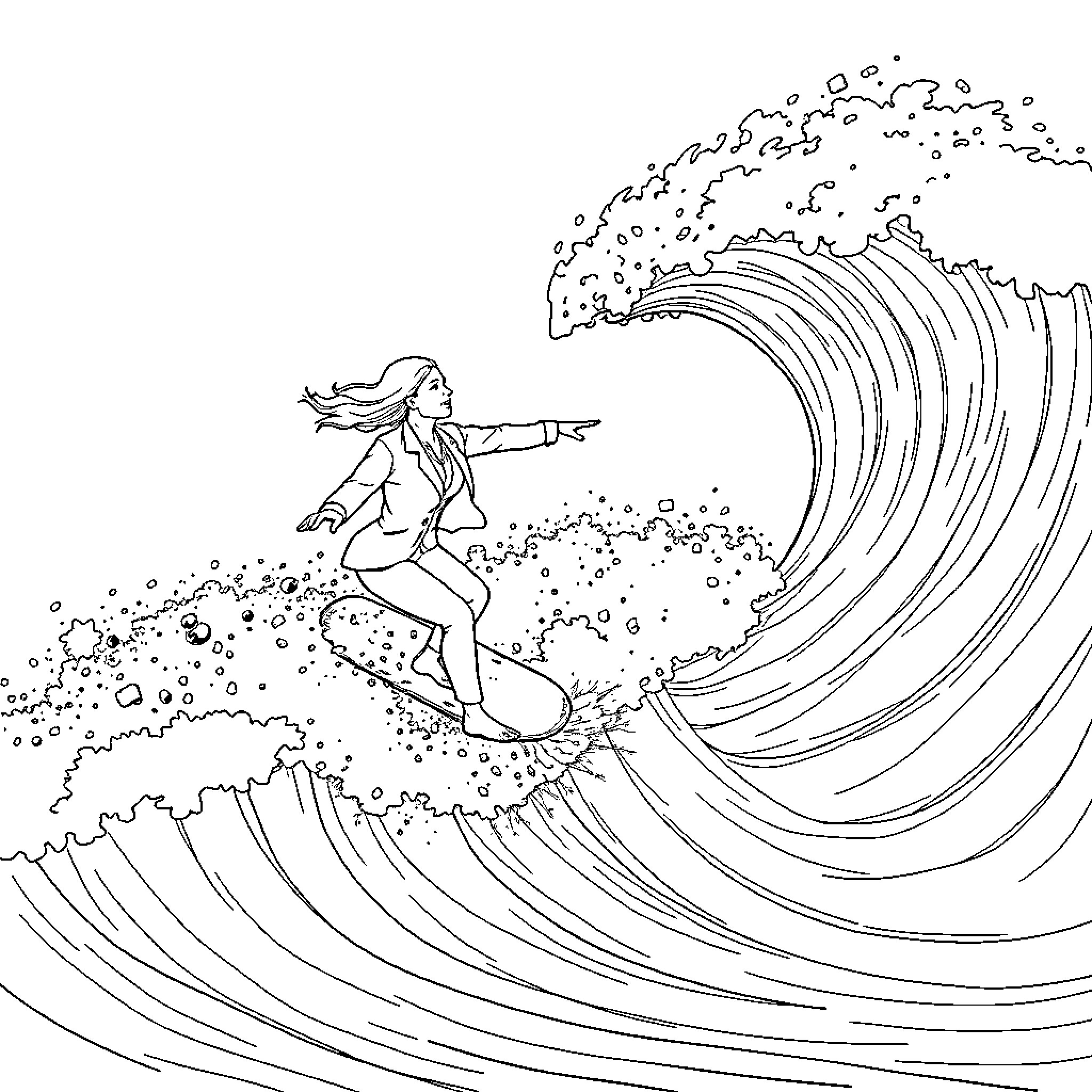 Businesswoman surfing the waves with determination Coloring Page (free black-and-white line drawing printable PDF for all, from beginners to advanced learners, including children, teens, adults, and seniors)