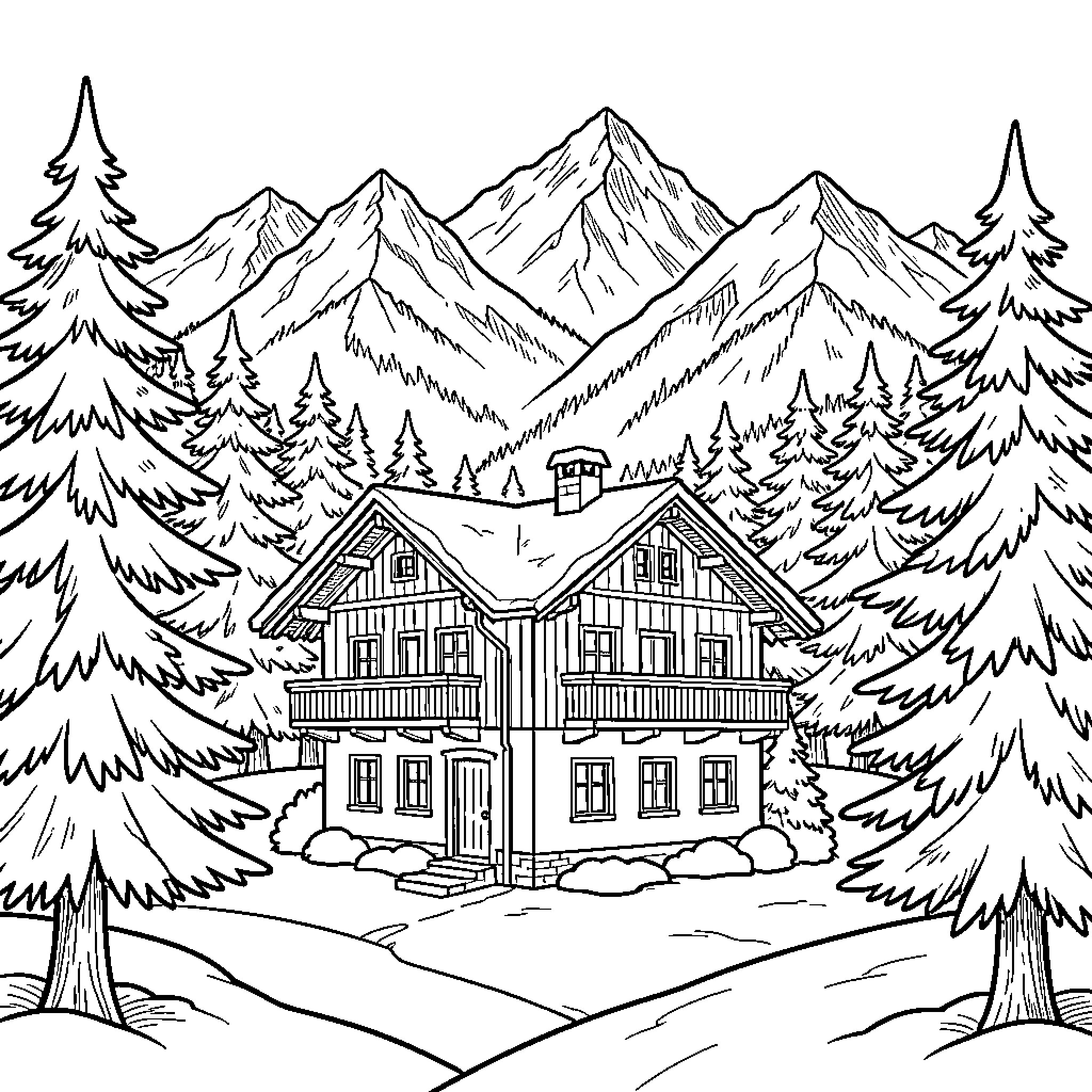 House in snowy mountain forest landscape Coloring Page (free black-and-white line drawing printable PDF for all, from beginners to advanced learners, including children, teens, adults, and seniors)