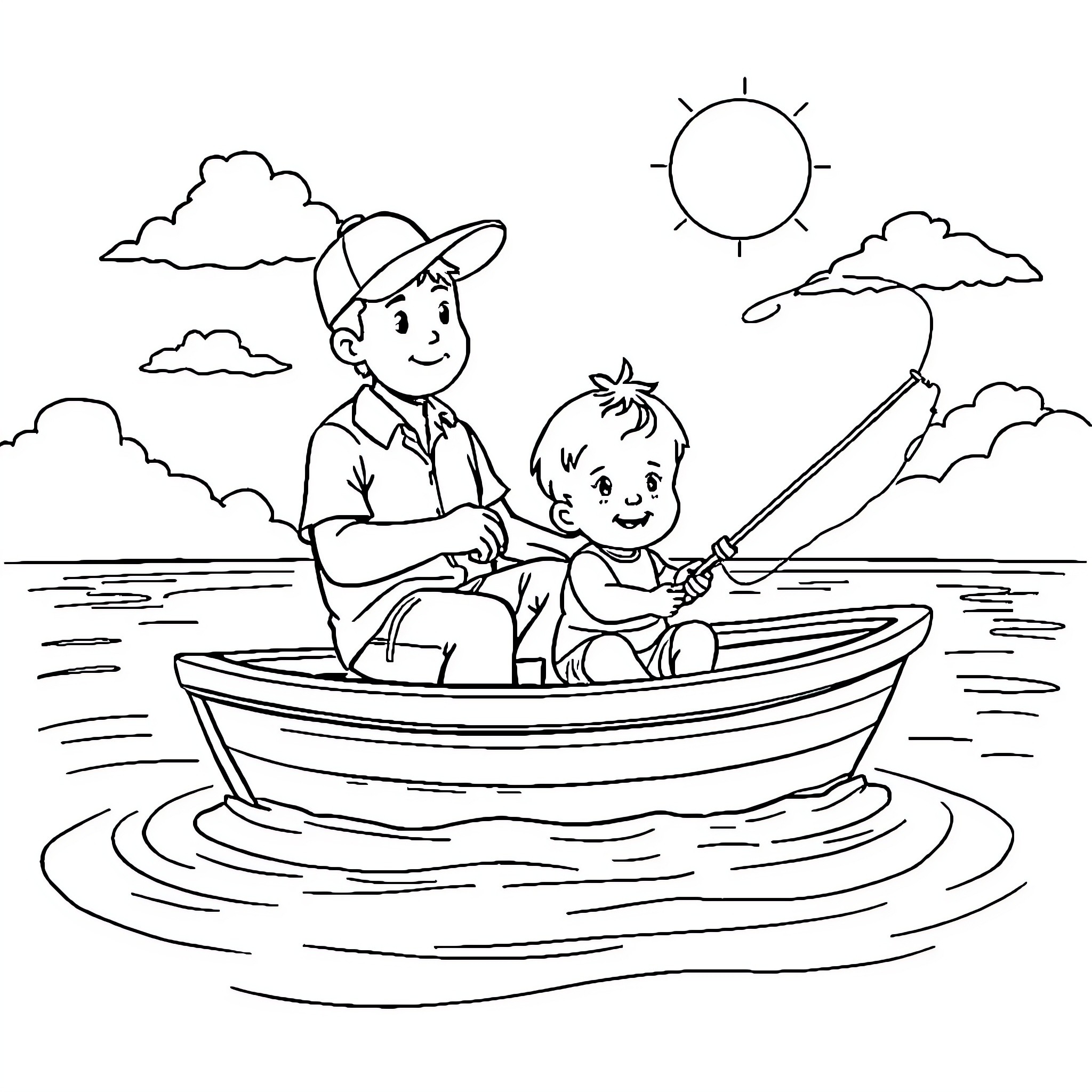 Baby fishing with father in boat Coloring Page (free black-and-white line drawing printable PDF for all, from beginners to advanced learners, including children, teens, adults, and seniors)