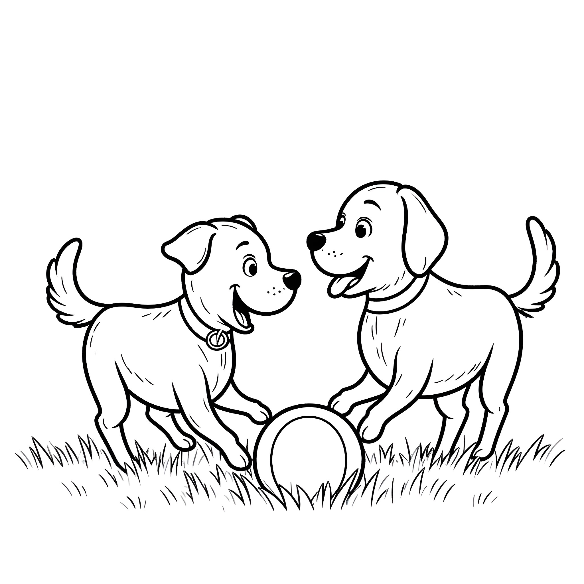 Dogs playing with ball in the park Coloring Page (free black-and-white line drawing printable PDF for all, from beginners to advanced learners, including children, teens, adults, and seniors)
