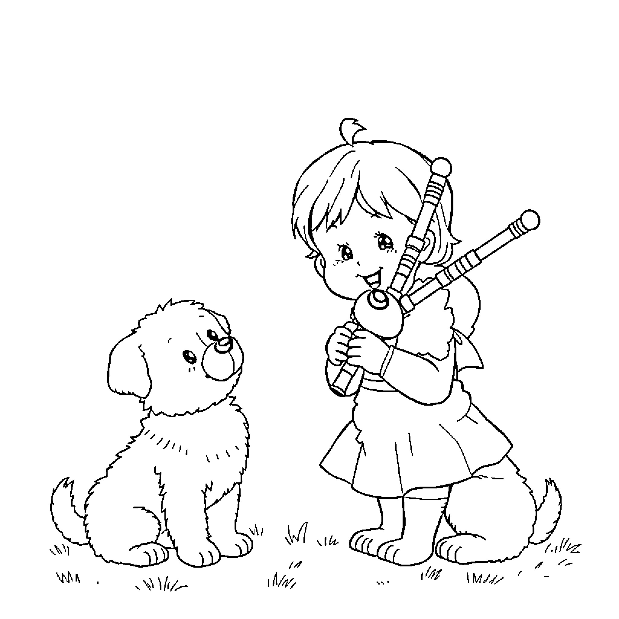 Baby Girl Playing with Puppy in the Outdoors Coloring Page (free black-and-white line drawing printable PDF for all, from beginners to advanced learners, including children, teens, adults, and seniors)