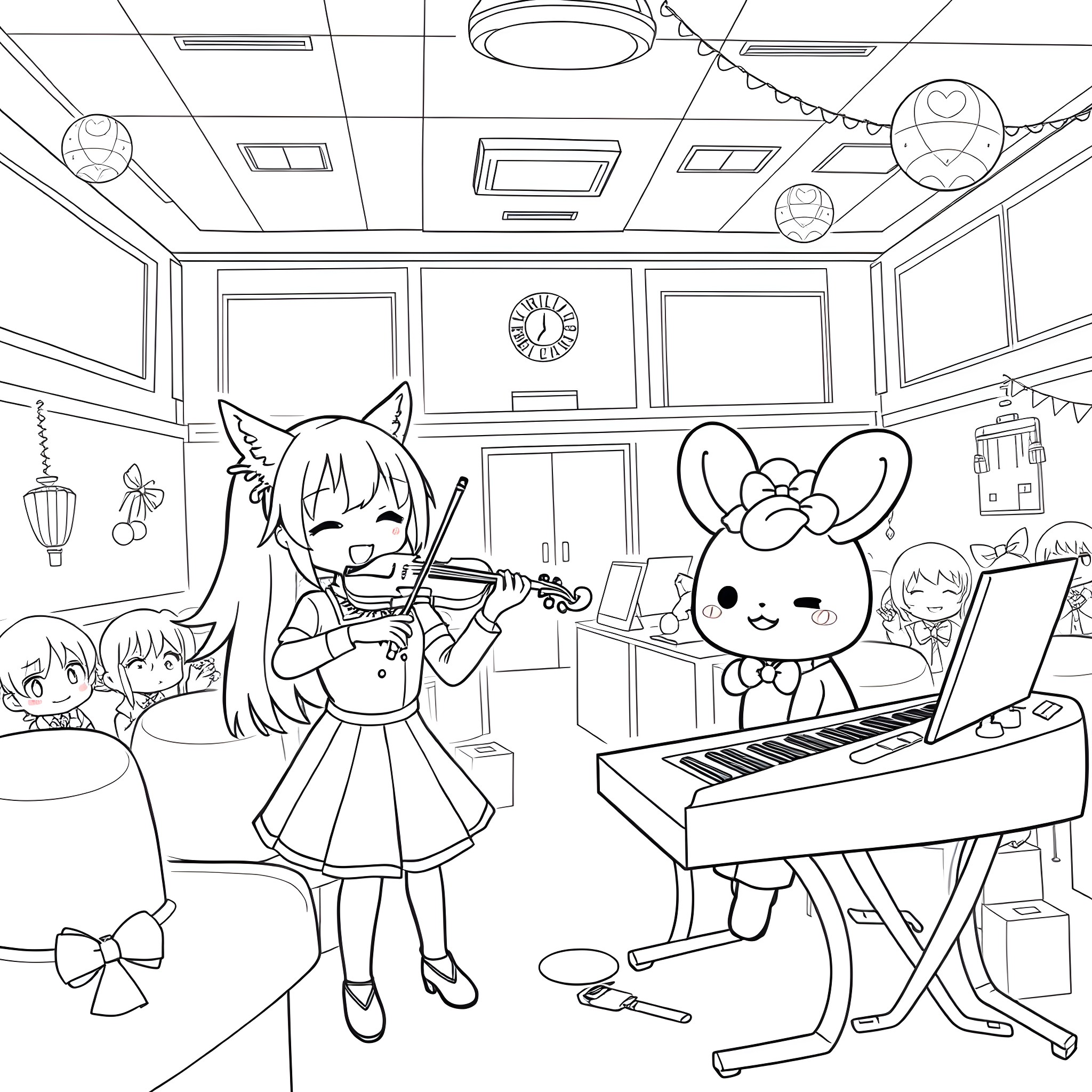 Sanrio Characters Performing in a Classroom Coloring Page (free black-and-white line drawing printable PDF for all, from beginners to advanced learners, including children, teens, adults, and seniors)