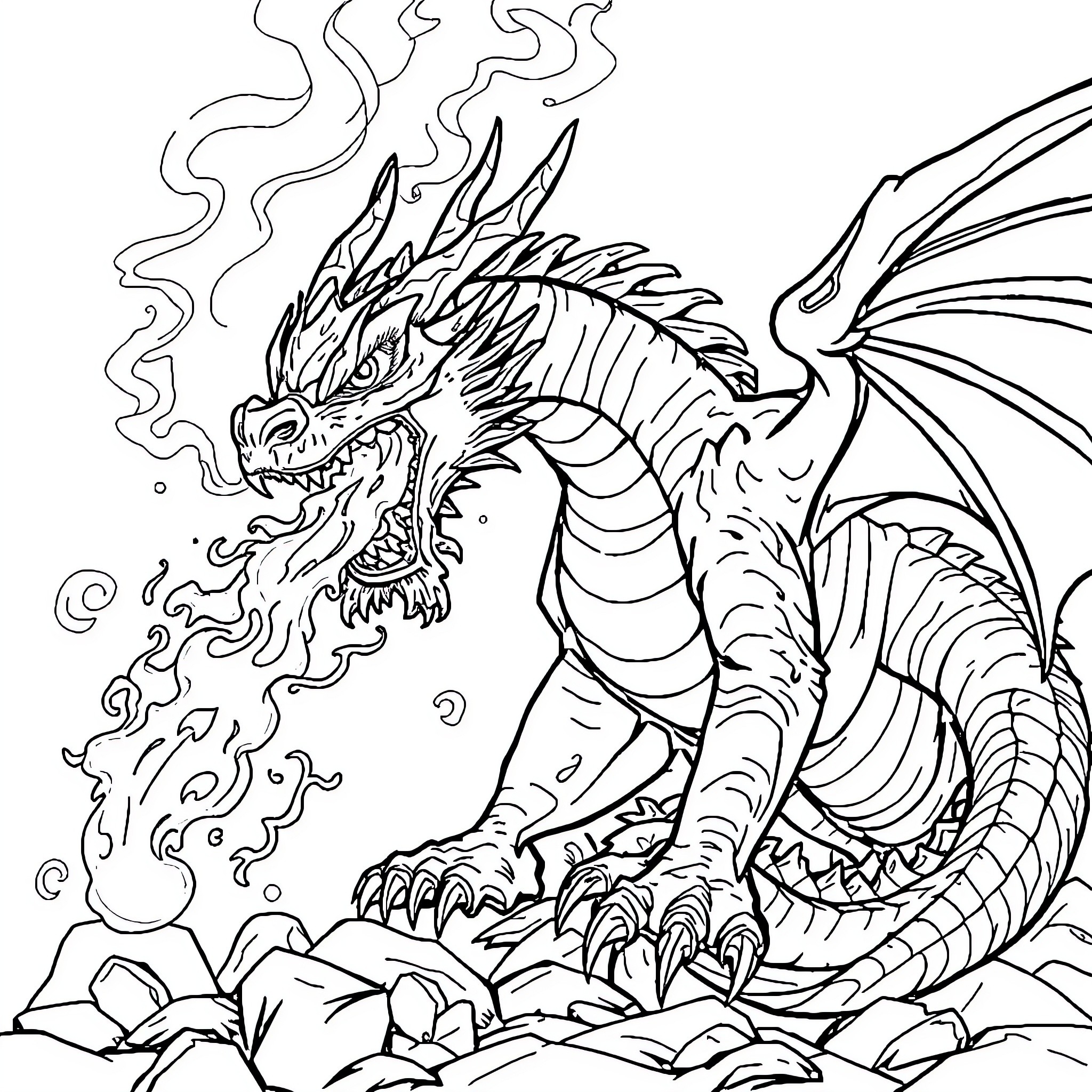 Dragon breathing fire in a mystical landscape Coloring Page (free black-and-white line drawing printable PDF for all, from beginners to advanced learners, including children, teens, adults, and seniors)