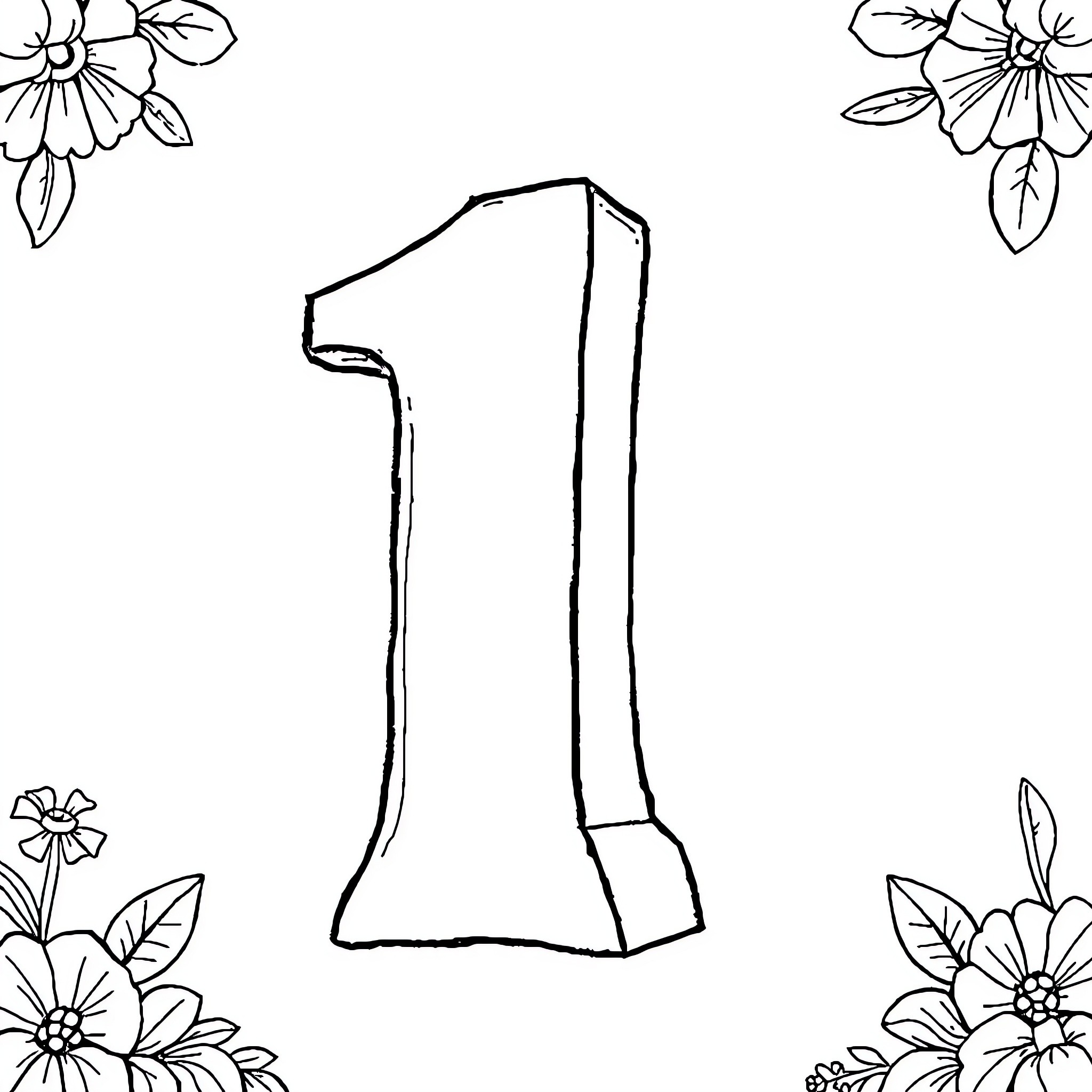 Number 1 with Floral Frames Coloring Page (free black-and-white line drawing printable PDF for all, from beginners to advanced learners, including children, teens, adults, and seniors)