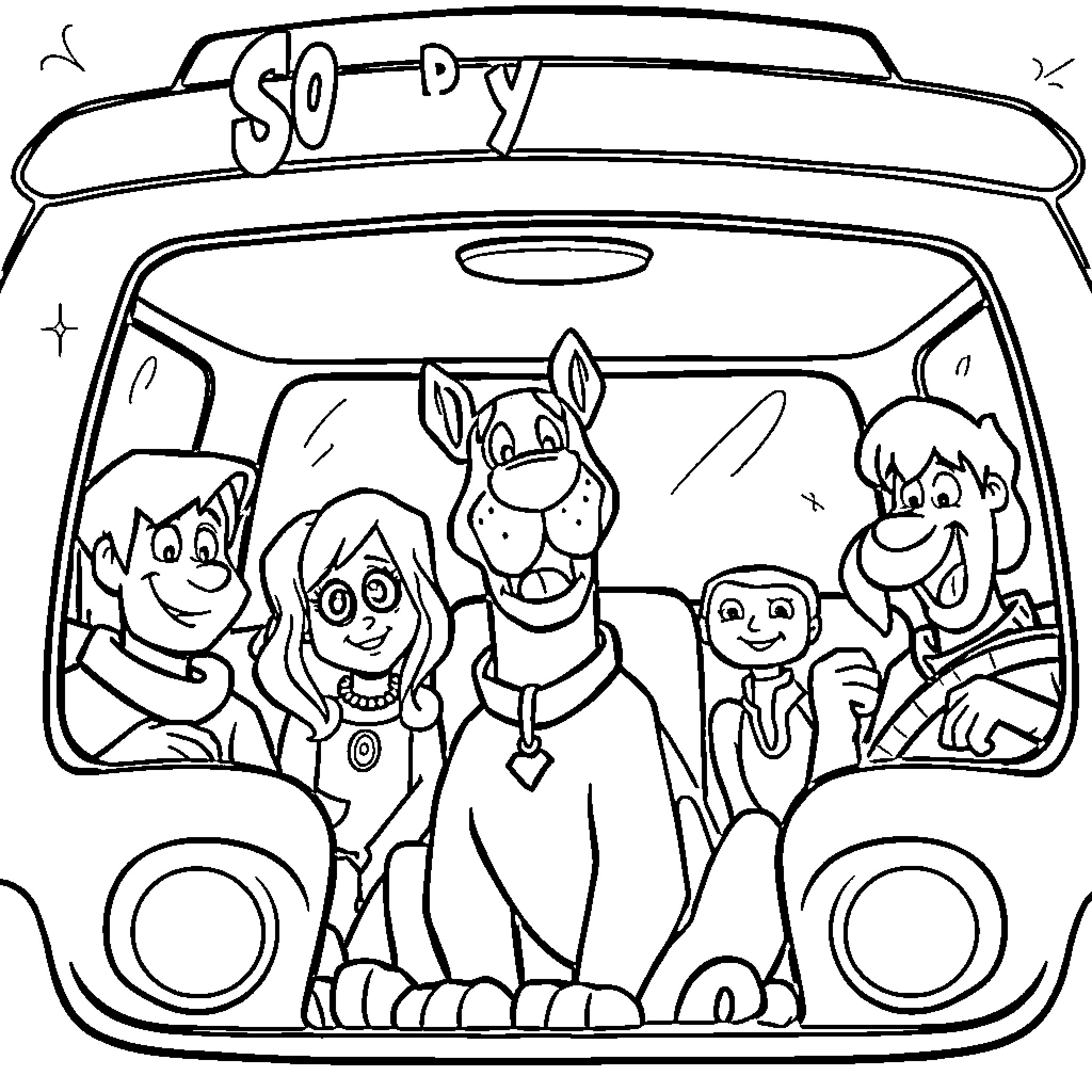 Scooby Doo and the Mystery Gang in the Mystery Machine Coloring Page (free black-and-white line drawing printable PDF for all, from beginners to advanced learners, including children, teens, adults, and seniors)