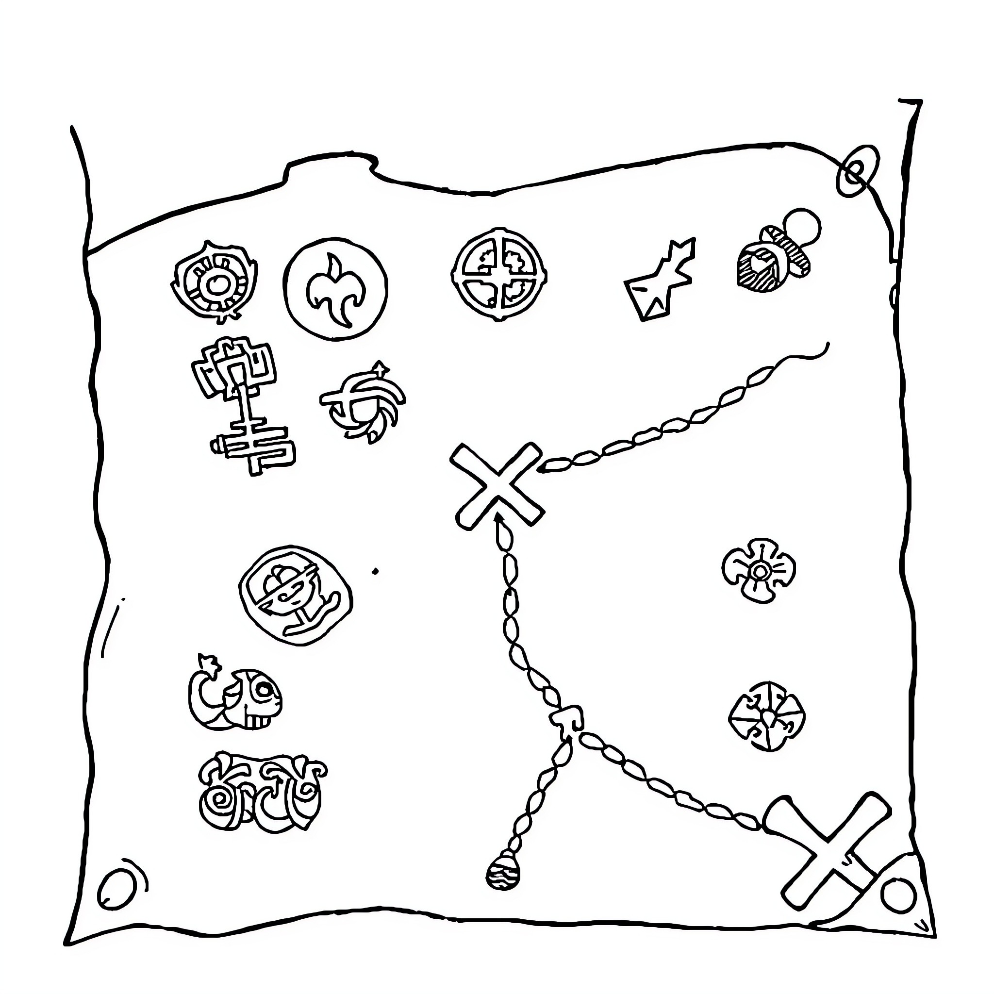 Treasure Map with Ancient Symbols and Markers Coloring Page (free black-and-white line drawing printable PDF for all, from beginners to advanced learners, including children, teens, adults, and seniors)