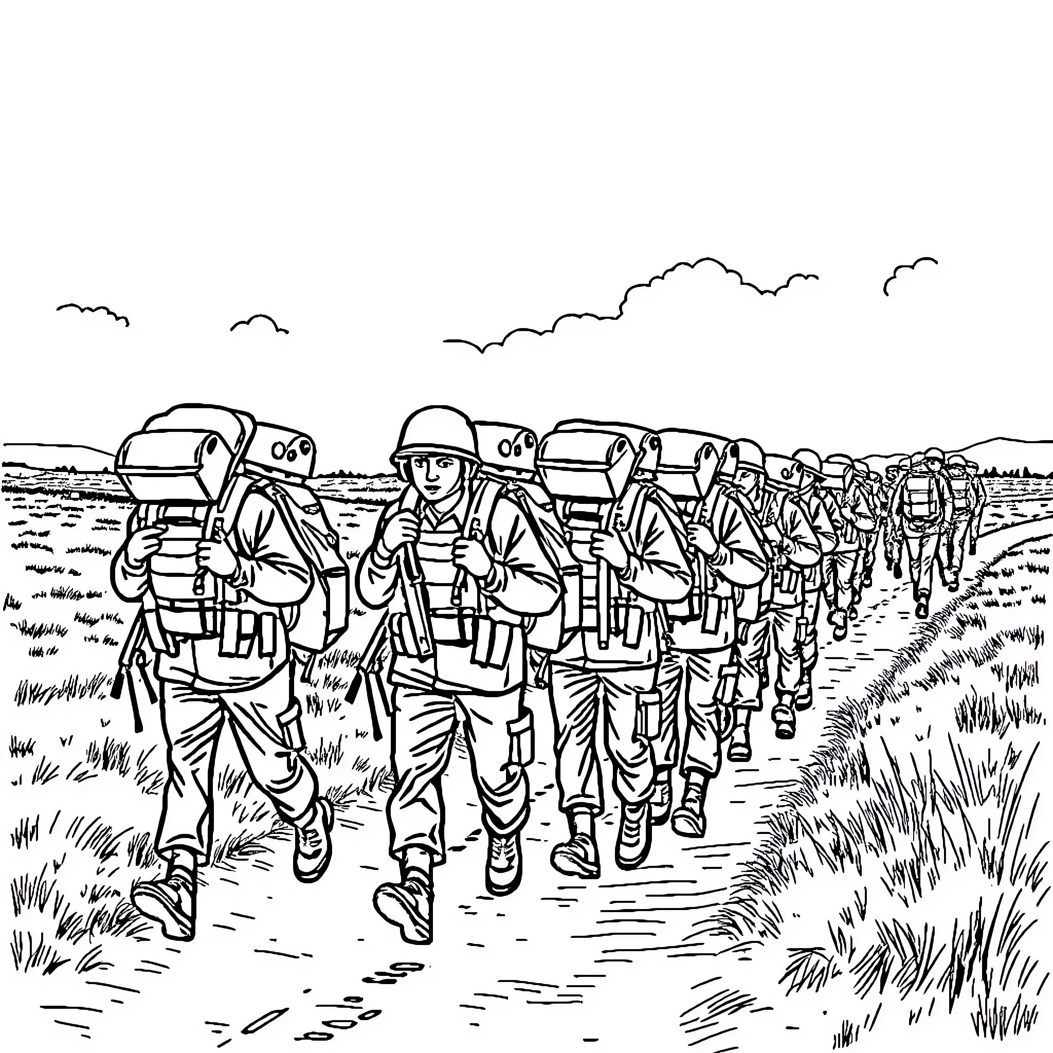 Soldier battalion marching through the field Coloring Page (free black-and-white line drawing printable PDF for all, from beginners to advanced learners, including children, teens, adults, and seniors)