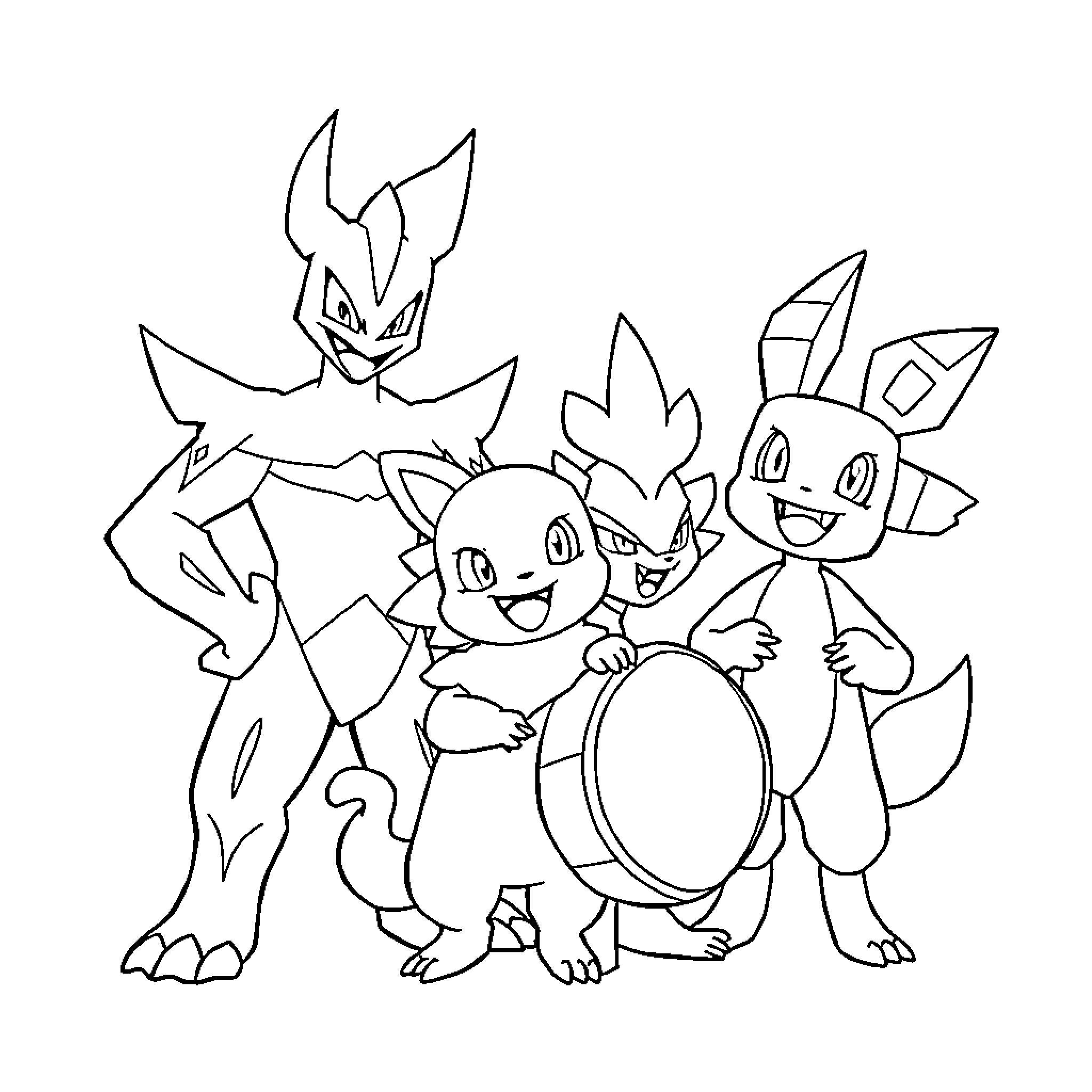 Pokémon characters posing together in an animated style Coloring Page (free black-and-white line drawing printable PDF for all, from beginners to advanced learners, including children, teens, adults, and seniors)