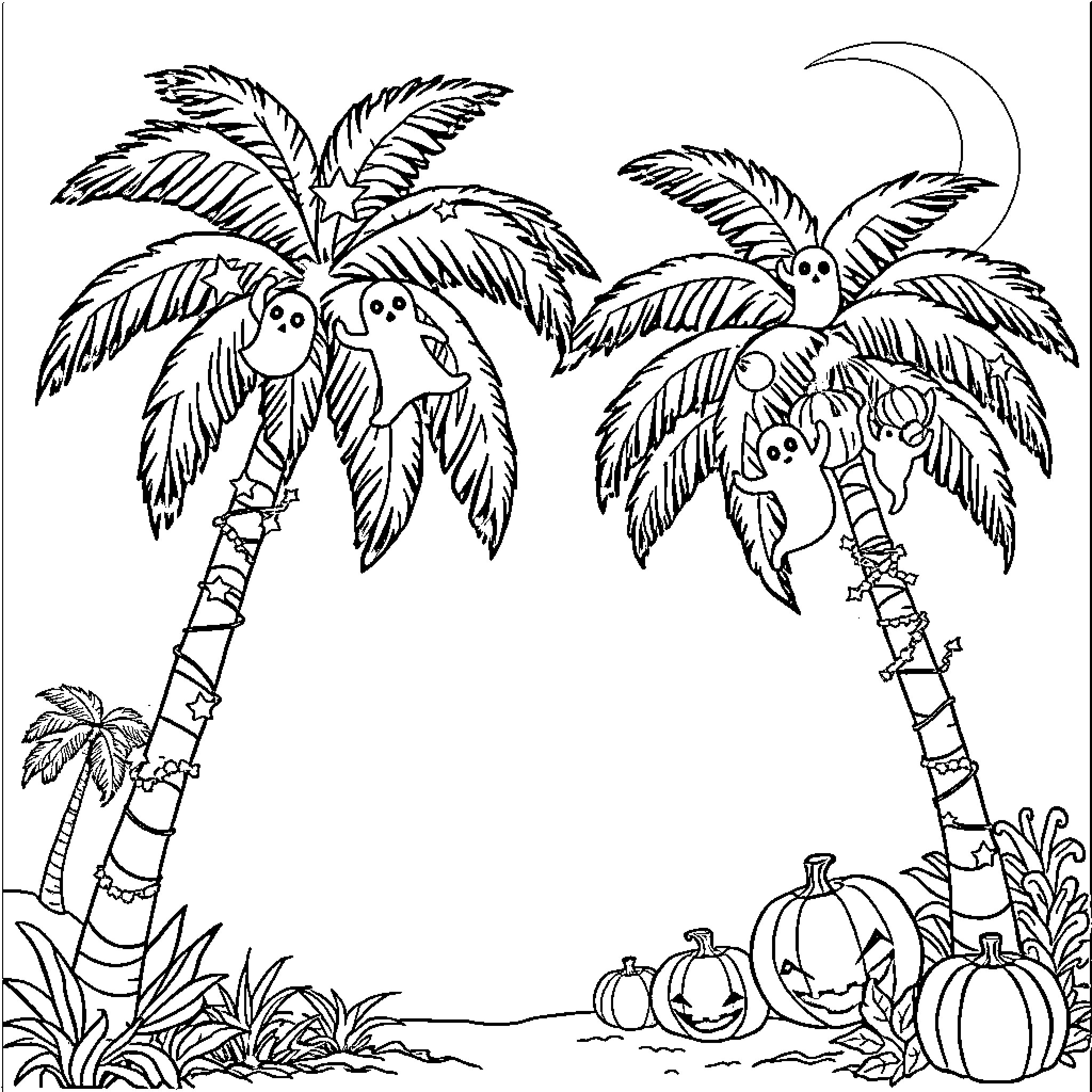 Palm Tree Monkeys Swinging in Tropical Scenery Coloring Page (free black-and-white line drawing printable PDF for all, from beginners to advanced learners, including children, teens, adults, and seniors)