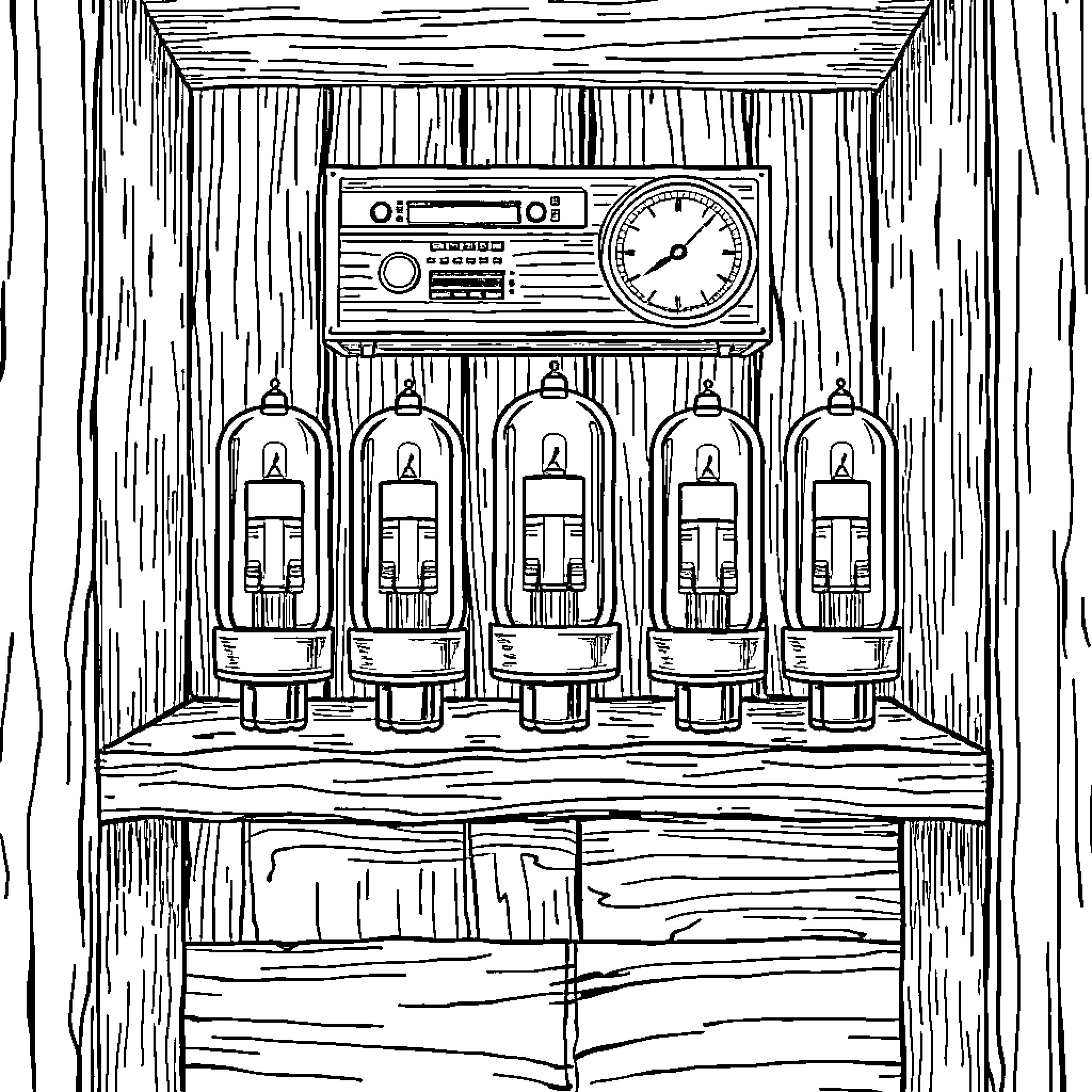 Radio Tube Audio Equipment in Vintage Cabinet Coloring Page (free black-and-white line drawing printable PDF for all, from beginners to advanced learners, including children, teens, adults, and seniors)