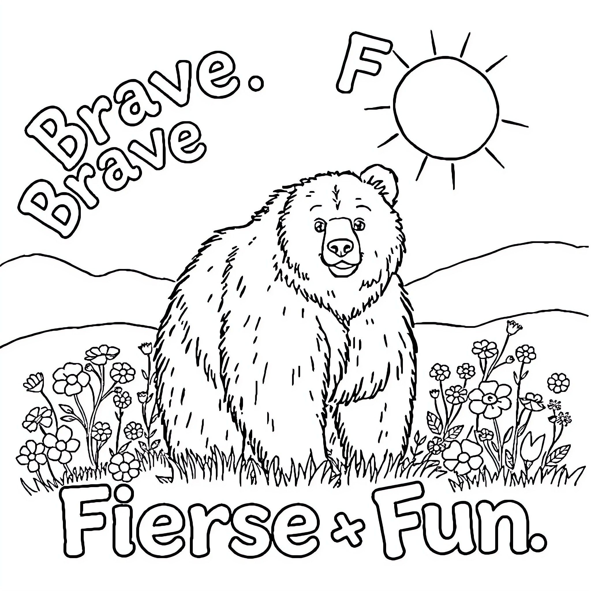 Grizzly Bear Enjoying the Sunny Day in Nature Coloring Page (free black-and-white line drawing printable PDF for all, from beginners to advanced learners, including children, teens, adults, and seniors)