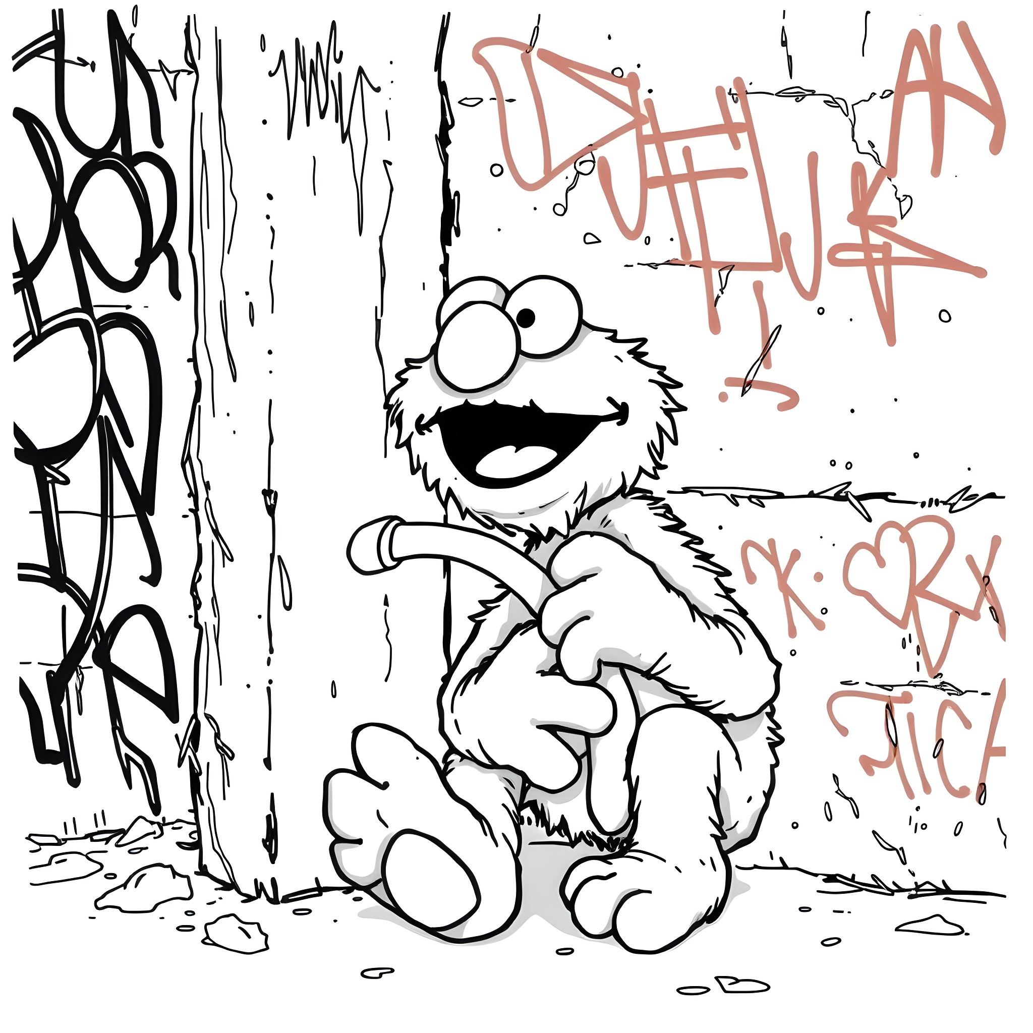 Elmo's Graffiti Adventure Coloring Page (free black-and-white line drawing printable PDF for all, from beginners to advanced learners, including children, teens, adults, and seniors)