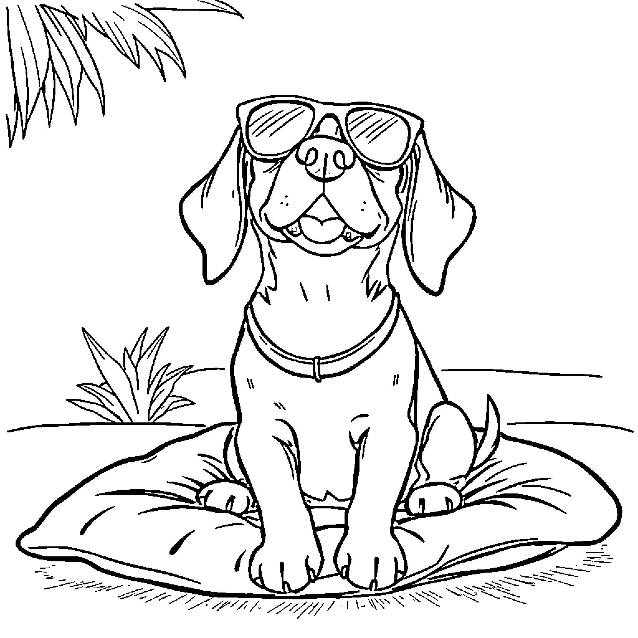 Beagle enjoying the outdoors with sunglasses Coloring Page (free black-and-white line drawing printable PDF for all, from beginners to advanced learners, including children, teens, adults, and seniors)